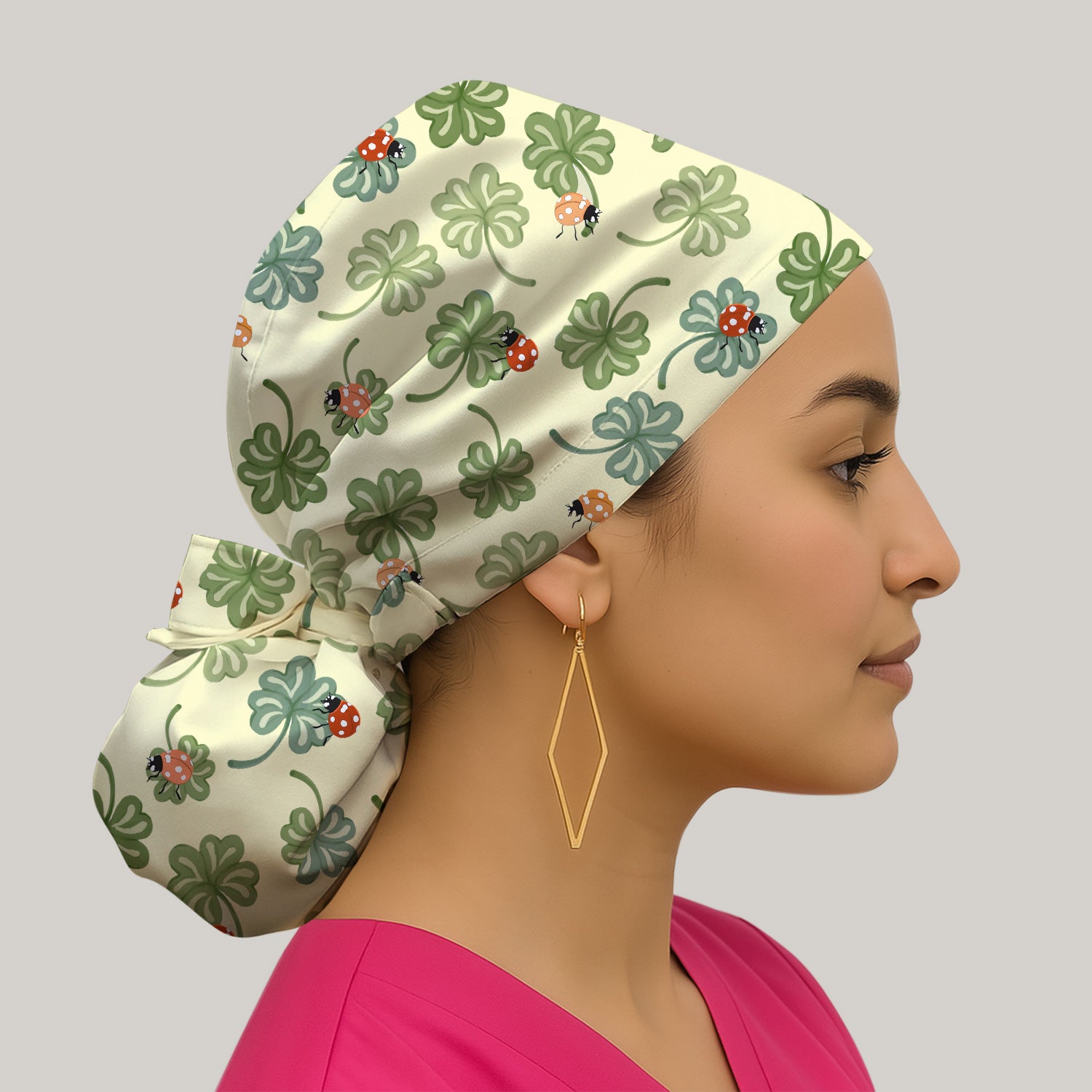 Clover and Ladybug Lucky Garden Pattern Caps, Bouffant Scrub Caps for Women