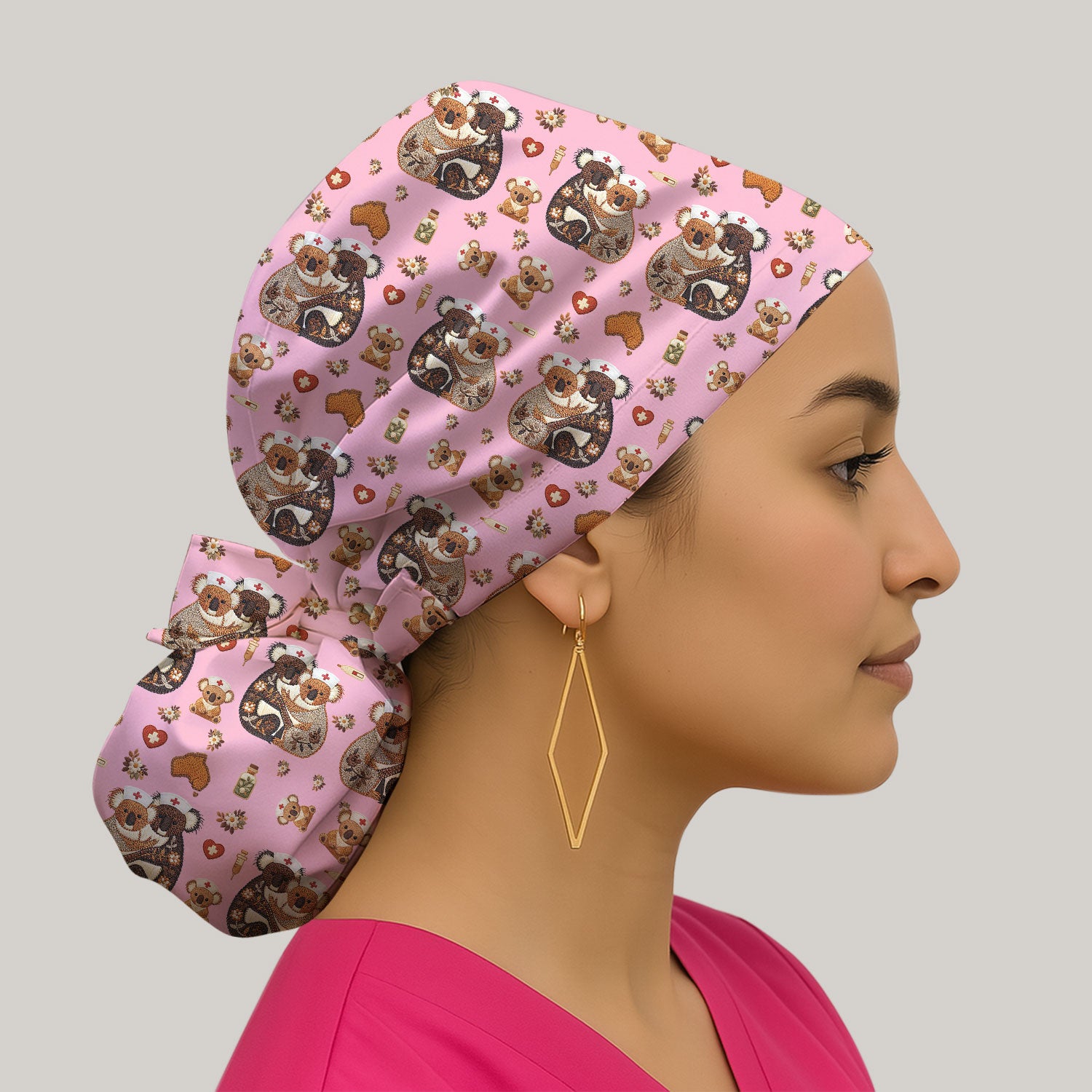 Cute Cartoon Koala Valentine Nurse Design Cap, Bouffant Scrub Caps for Women