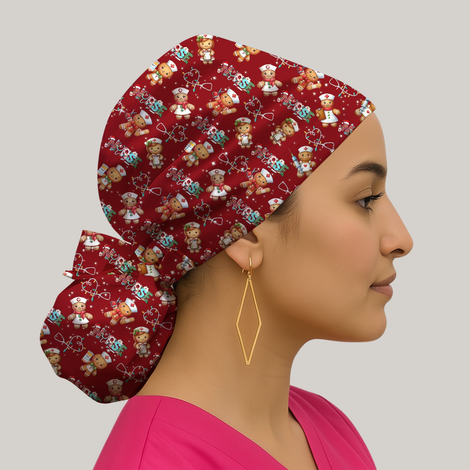 Nurse Scrub Cap with Buttons for Women - Christmas Surgical Hats Cute Gingerbread Design - Medical Bouffant Cap Long Hair