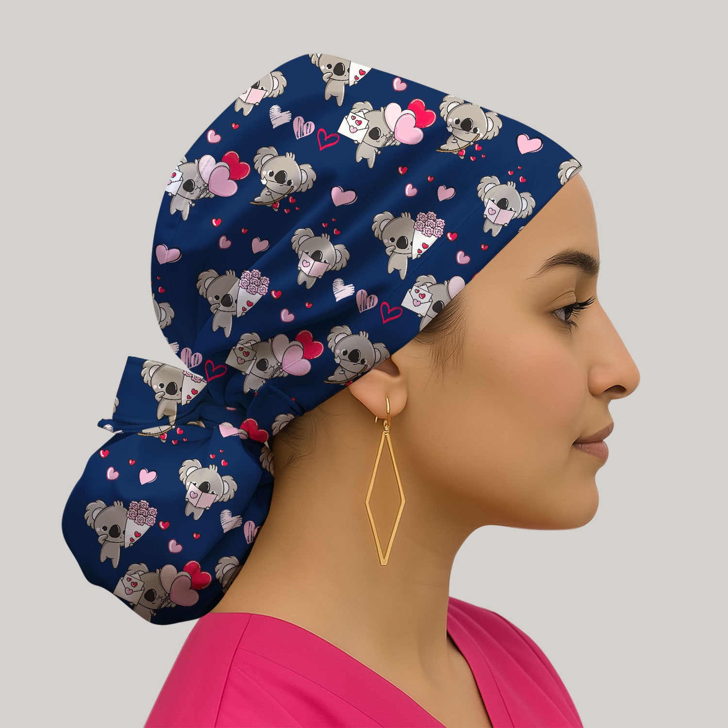 Valentine Koala Holding Flowers Cute Print Scrub Cap, Bouffant Caps for Women