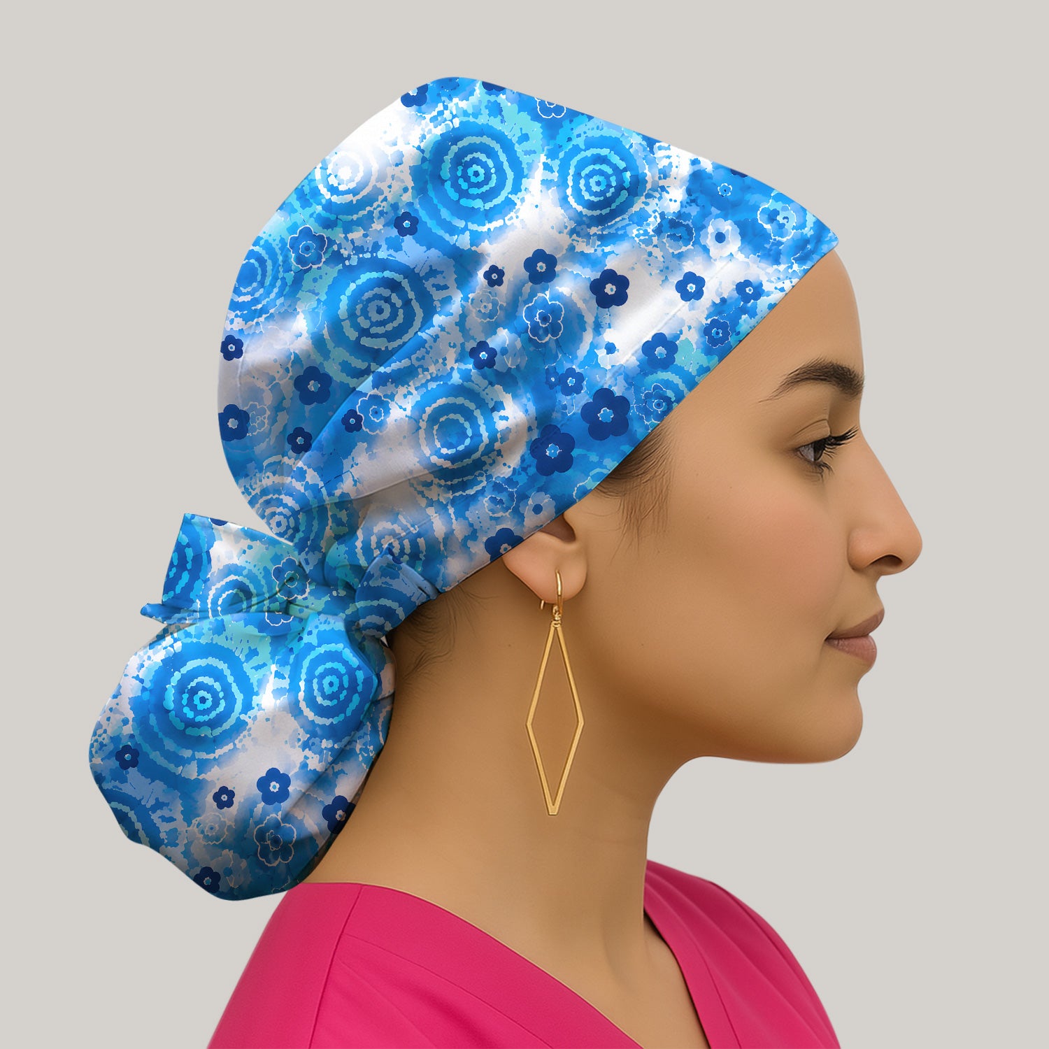 Blue Floral Spiral Nurse Pattern Scrub Top, Breathable Fabrics Nursing Uniform Scrub Cap, Surgical Caps for Doctors