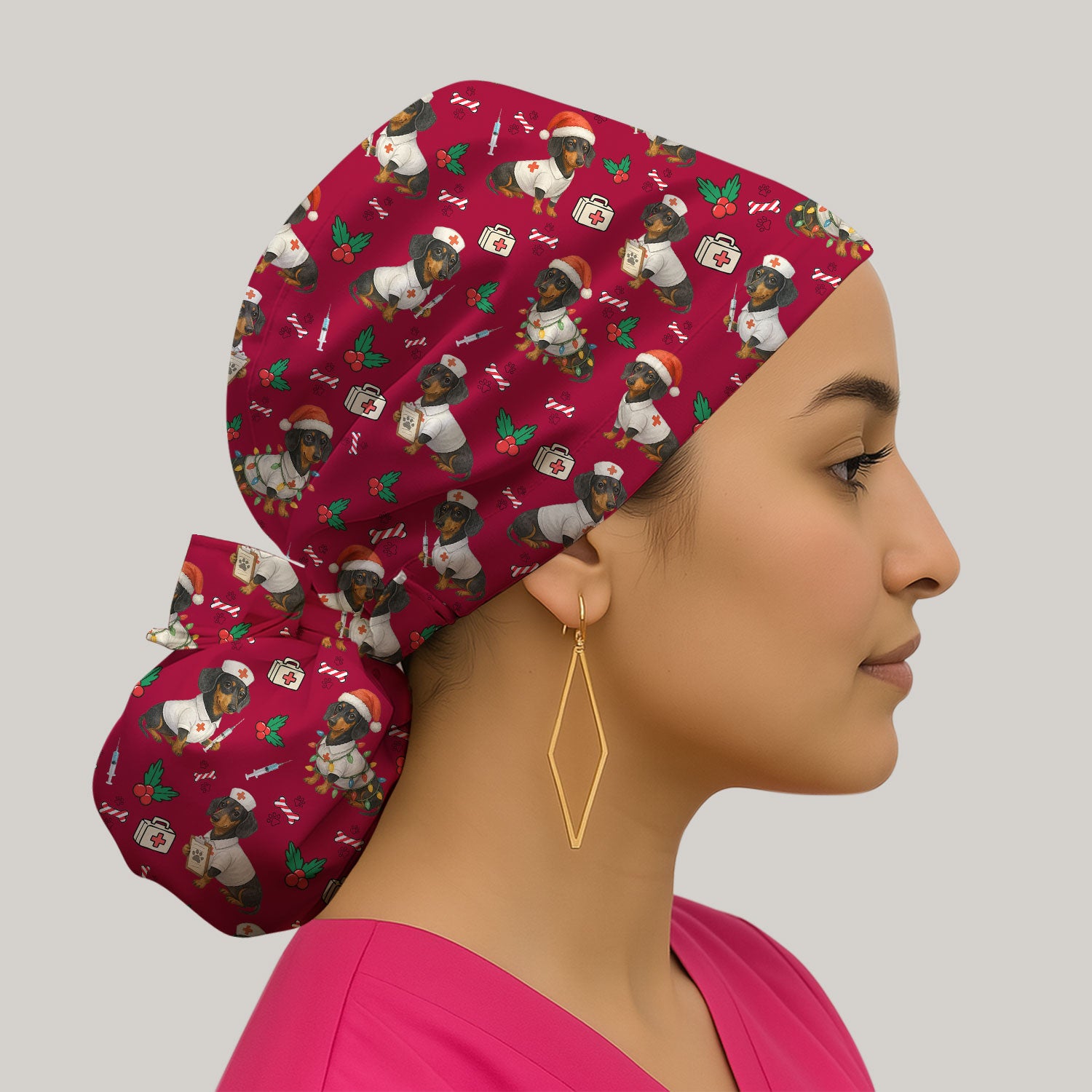 Custom Christmas Nurse Scrub Cap - Dachshund Dog Surgical Hat Multi Color - Funny Holiday Bouffant Cap for Women Nurses