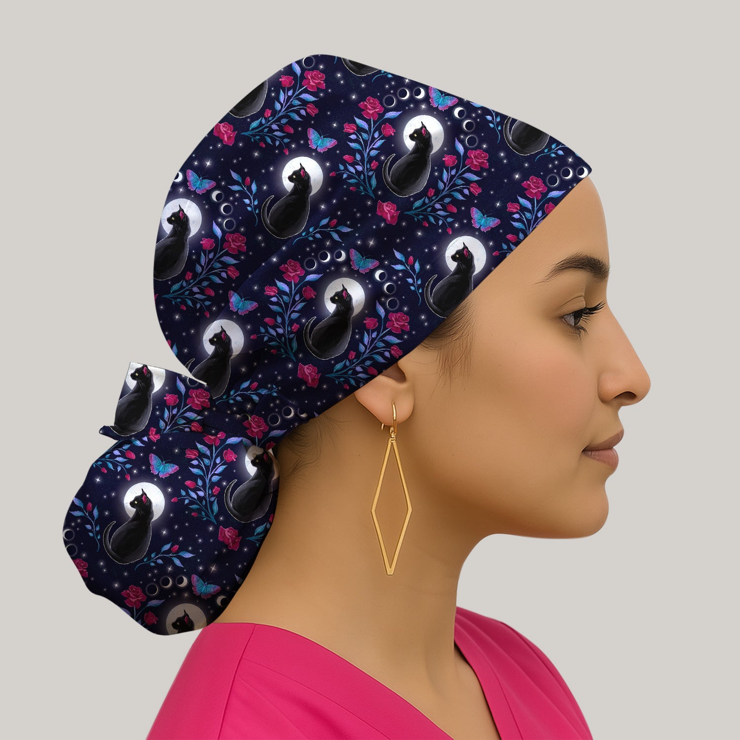 Black Cat Moon Rose Print Scrub Cap, Surgical Caps for Doctors