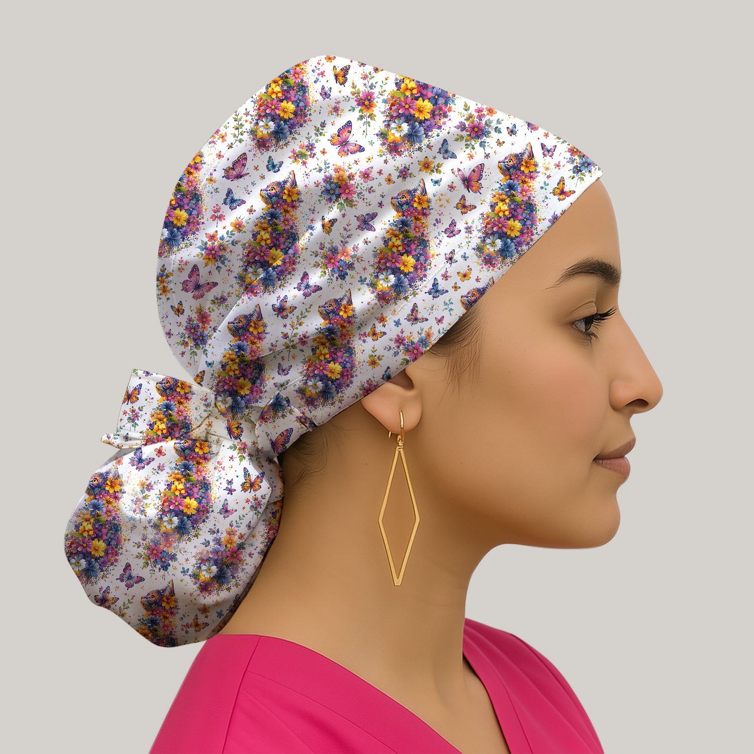 Cute Floral Cat With Butterfly Pattern Scrub Cap, Surgical Caps for Doctors
