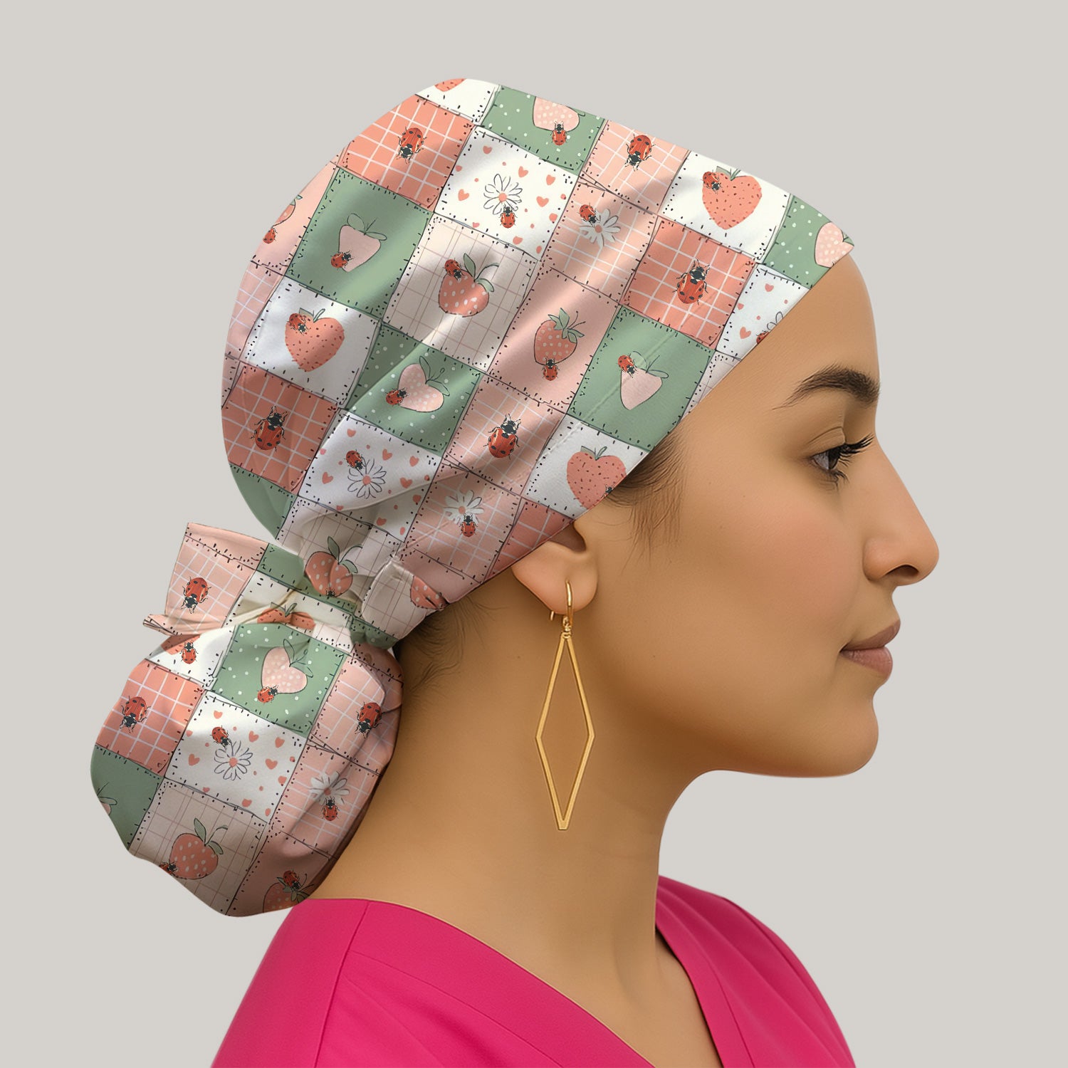Strawberry Ladybug Patchwork Pattern Scrub Cap, Breathable Fabrics Caps Uniform