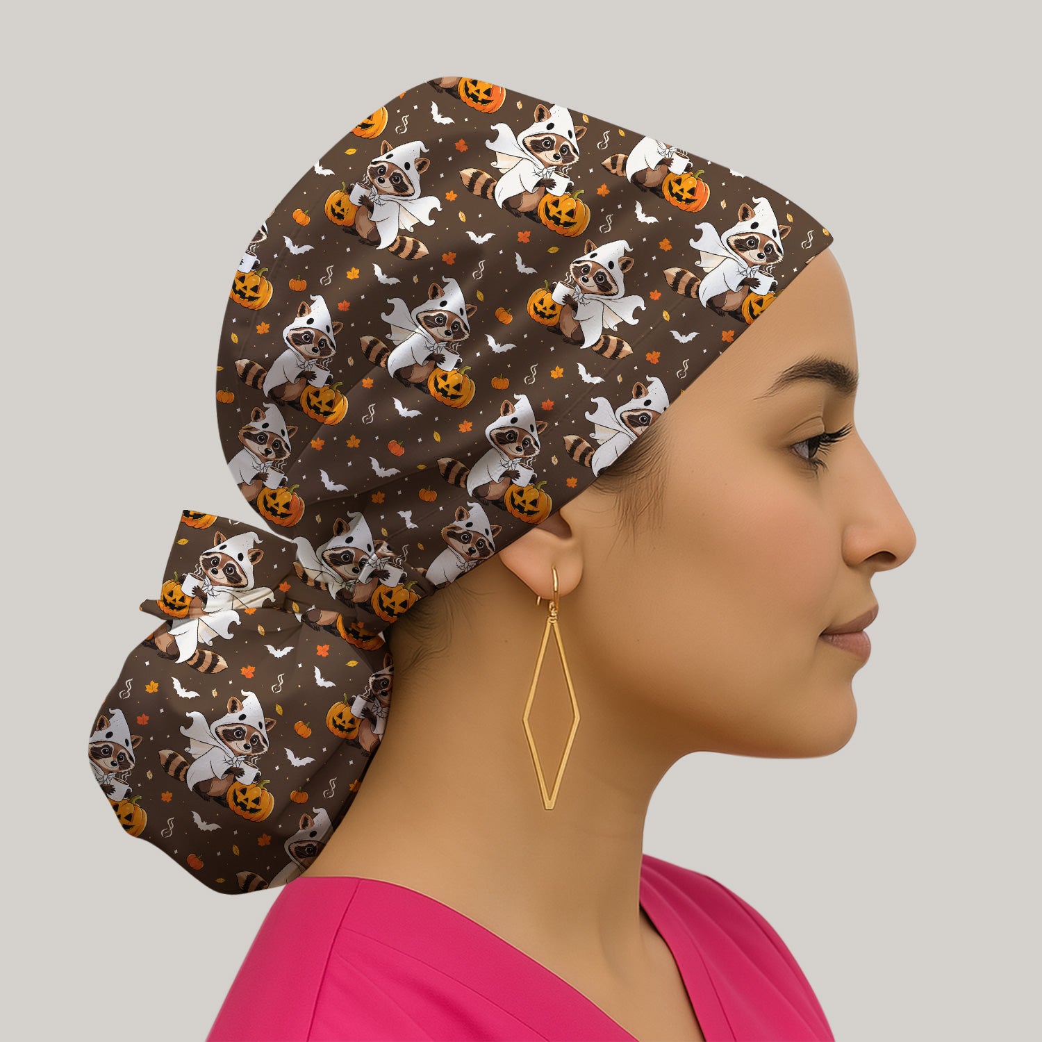 Halloween Ghost Raccoon Pumpkin Scrub Cap, Surgical Caps for Doctors