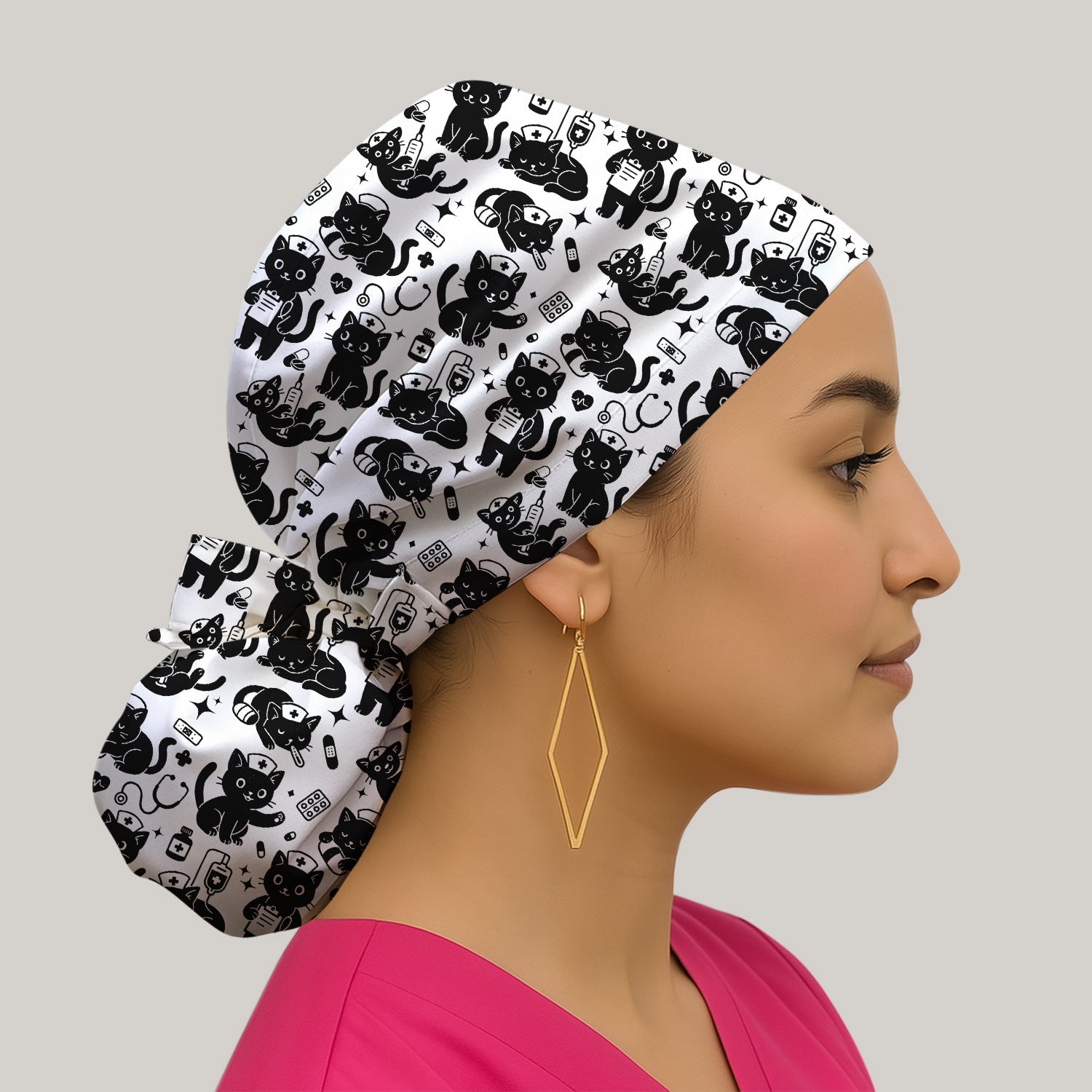 Cute Black Cat Nurse Pattern Scrub Cap, Surgical Caps for Doctors
