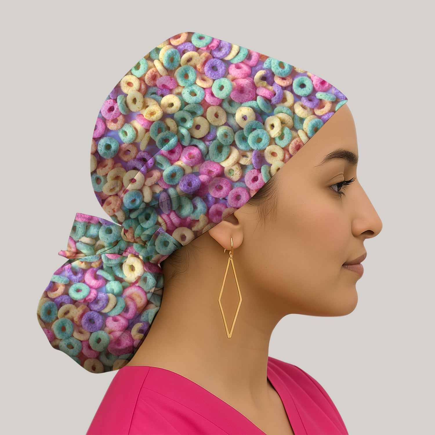 Colorful Cereal Loops Pattern Print Cap, Bouffant Scrub Caps for Women