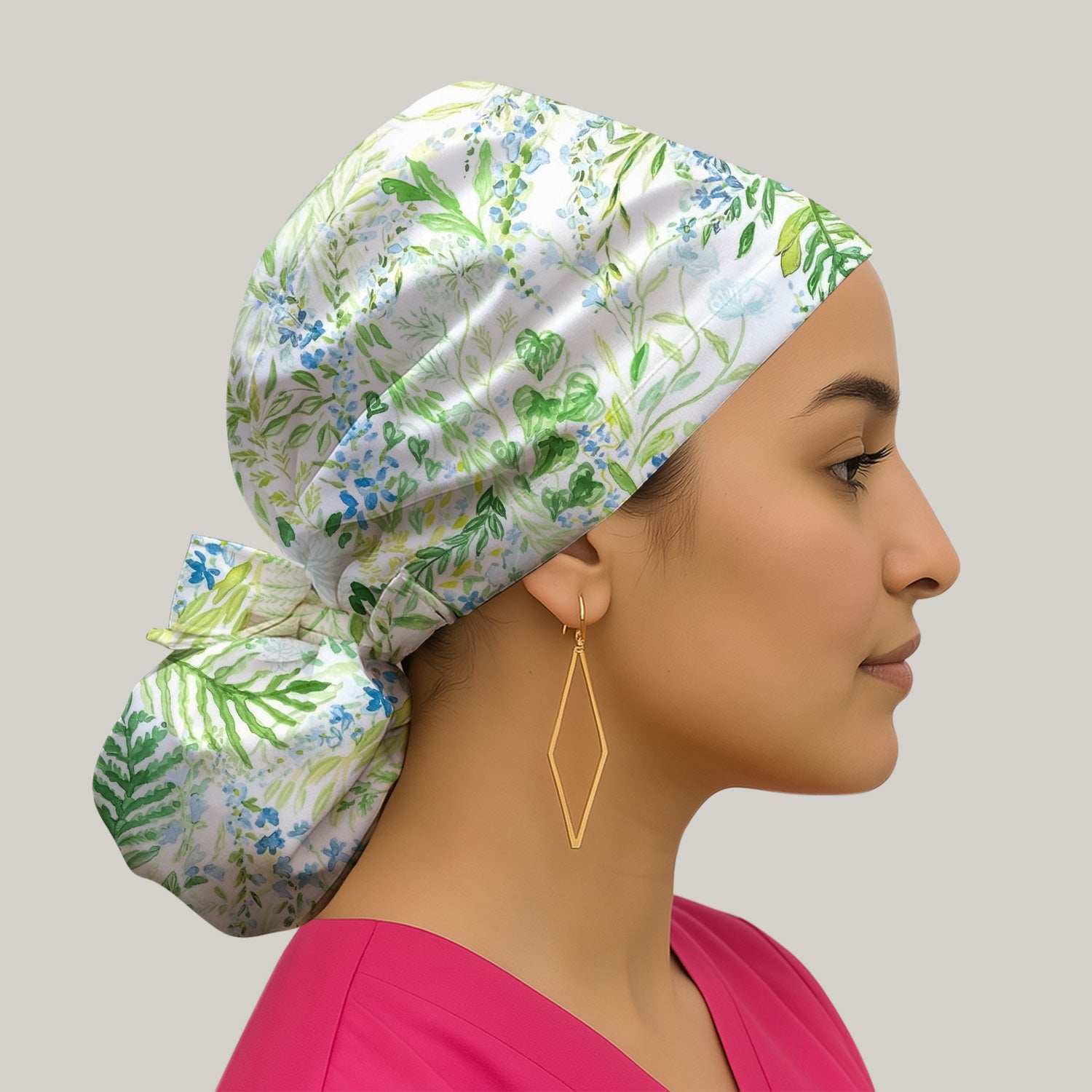 Green Botanical Floral Pattern Print Cap, Surgical Caps for Nurses