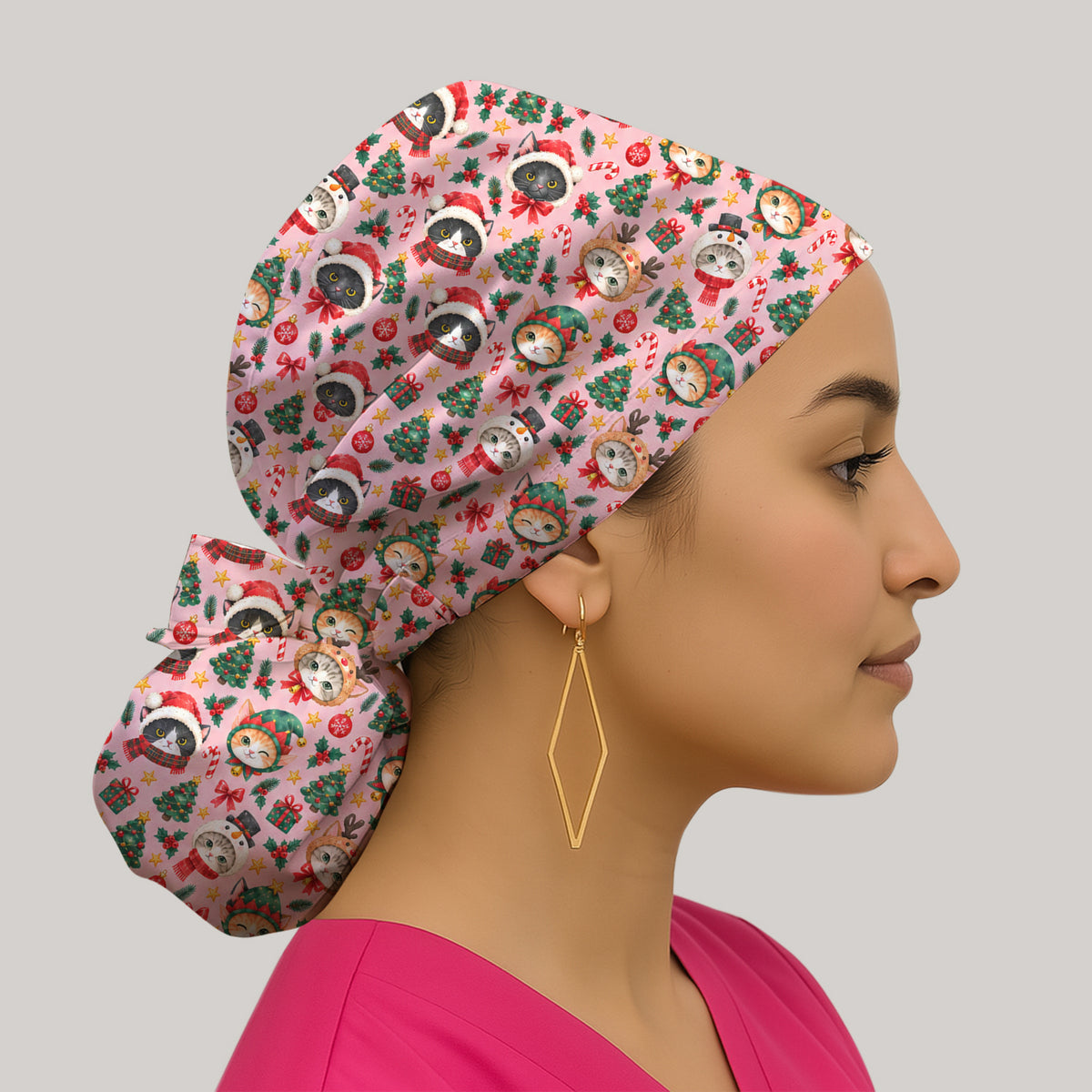 Christmas Cats And Trees Pattern Scrub Cap, Kawaii Medical Pattern Hat, Breathable Fabrics Nursing Uniform