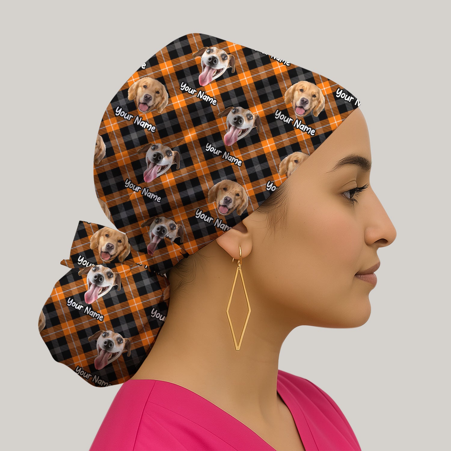 Personalized Halloween Dog Photo Plaid Scrub Cap, Surgical Caps for Doctors