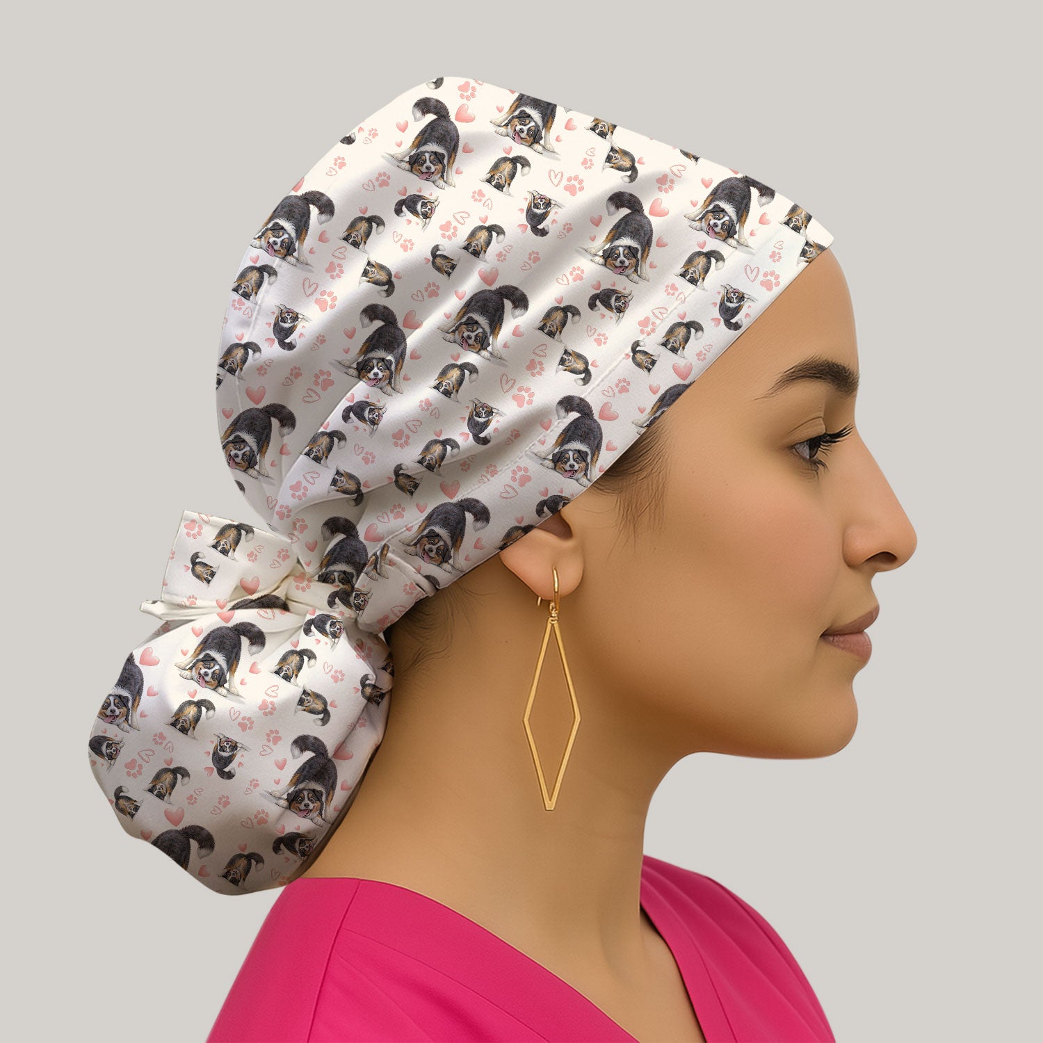 Playful Dog Heart Medical Print Cap, Bouffant Scrub Caps for Women