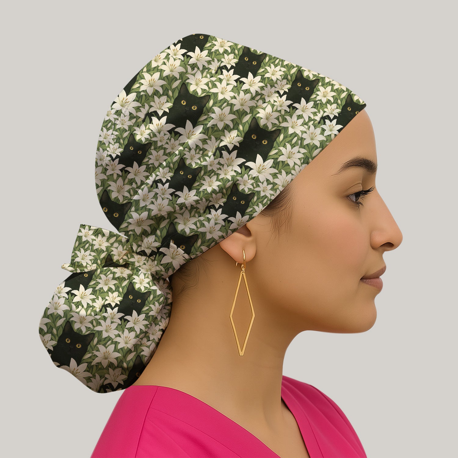 Black Cat Hidden In Lily Garden Pattern Scrub Cap, Surgical Caps for Doctors