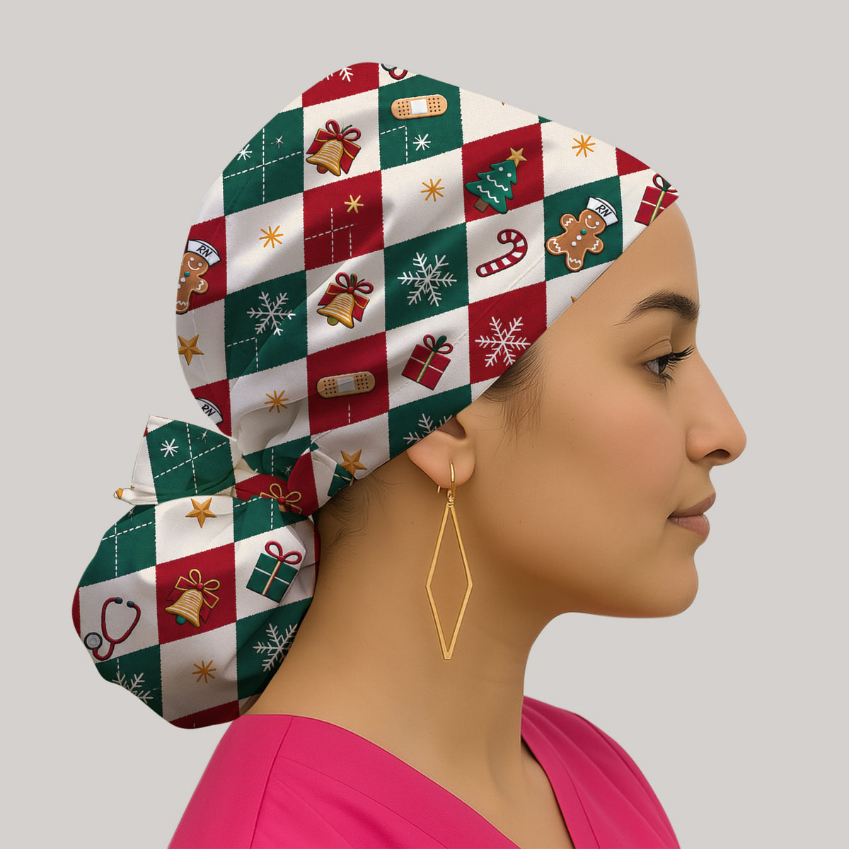 Christmas Gingerbread Nurse Argyle Scrub Cap, Surgical Caps for Doctors