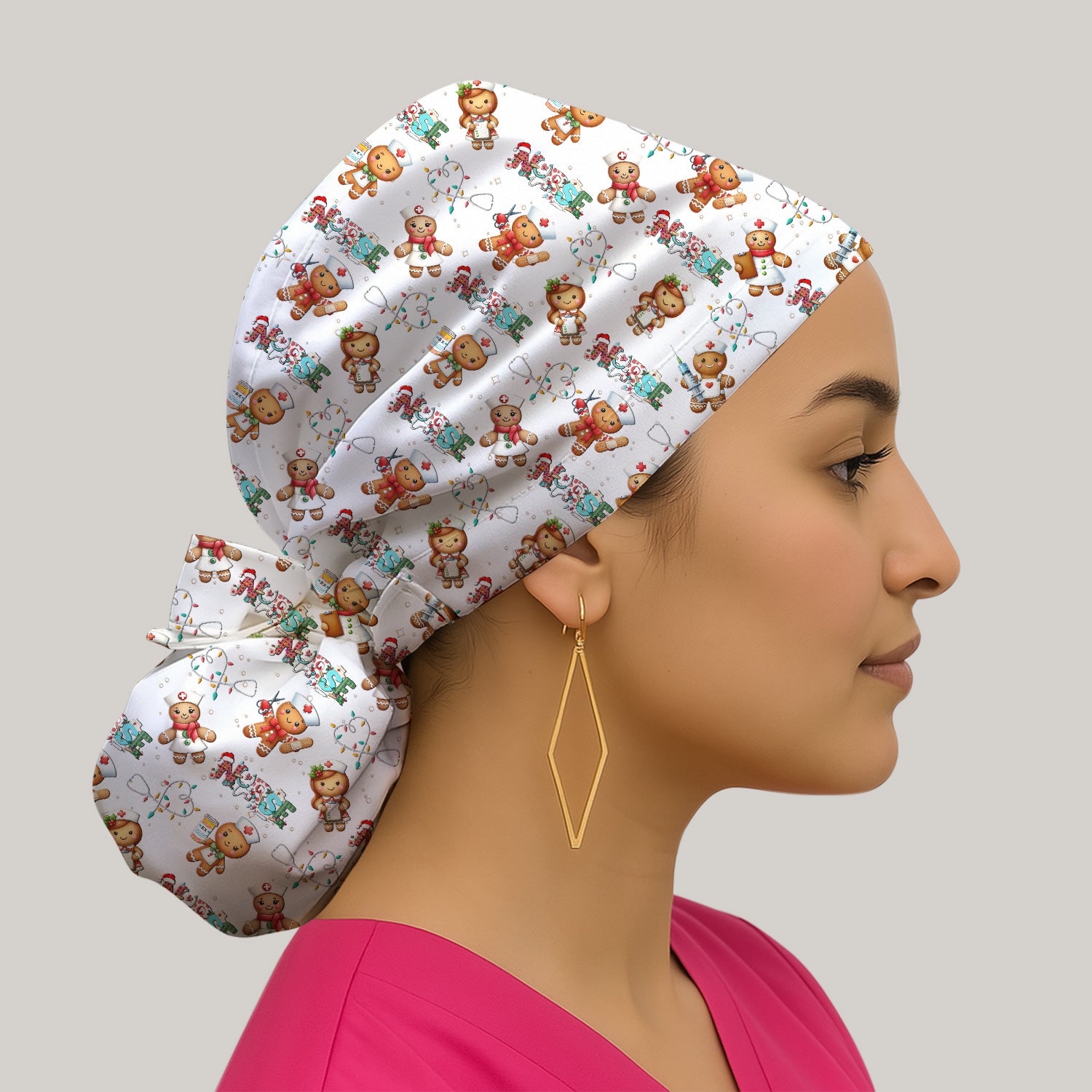 Nurse Scrub Cap with Buttons for Women - Christmas Surgical Hats Cute Gingerbread Design - Medical Bouffant Cap Long Hair