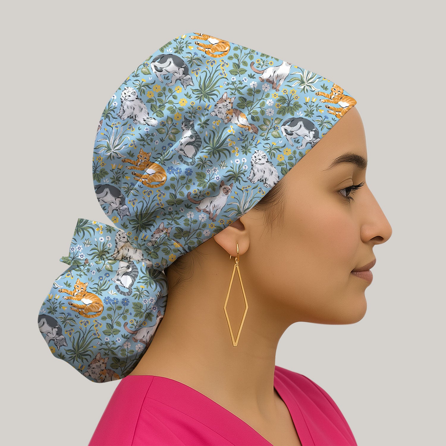 Floral Cat Garden Medical Pattern Scrub Cap, Bouffant Scrub Caps for Women