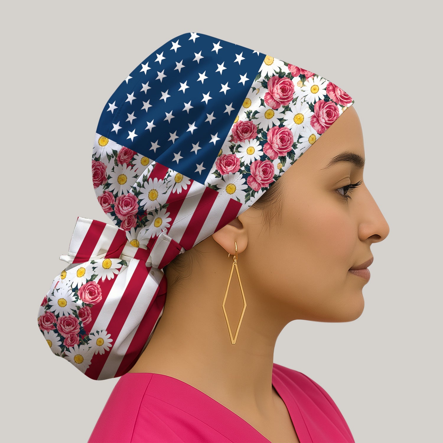 Floral American Flag Nurse Scrub Top for RN, CNA, Healthcare Workers, Patriotic Uniform Scrub Cap, Surgical Caps for Doctors