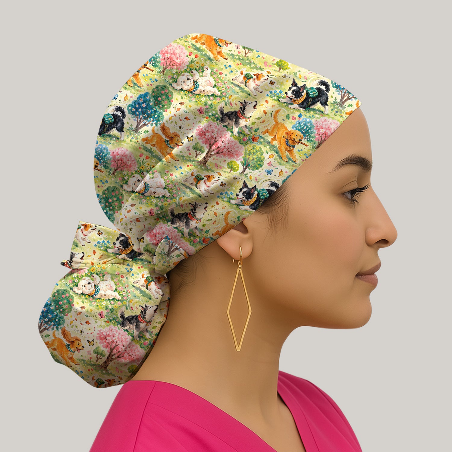 Playful Spring Garden Dogs Pattern Scrub Cap, Surgical Caps for Doctors