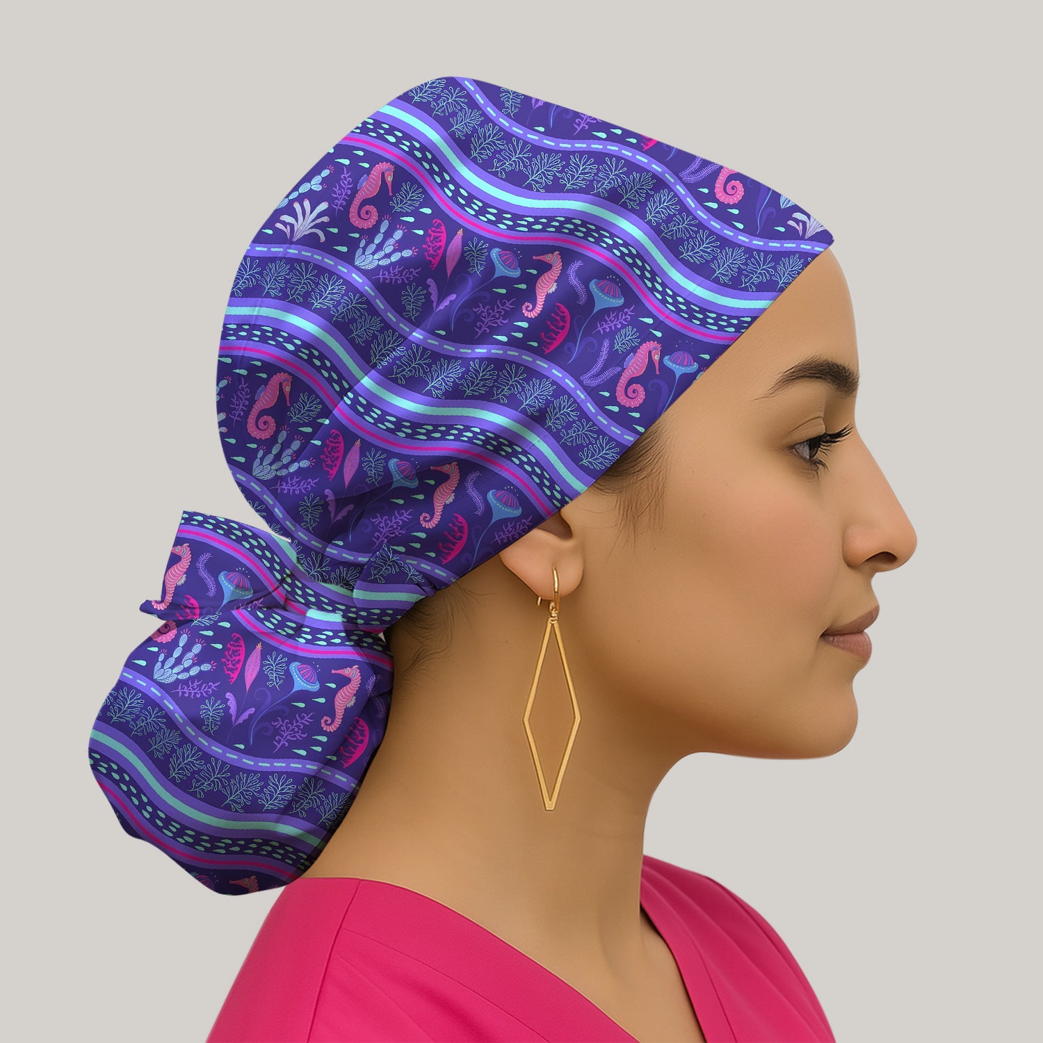 Purple Seahorse Ocean Pattern Scrub Cap, Surgical Caps for Doctors