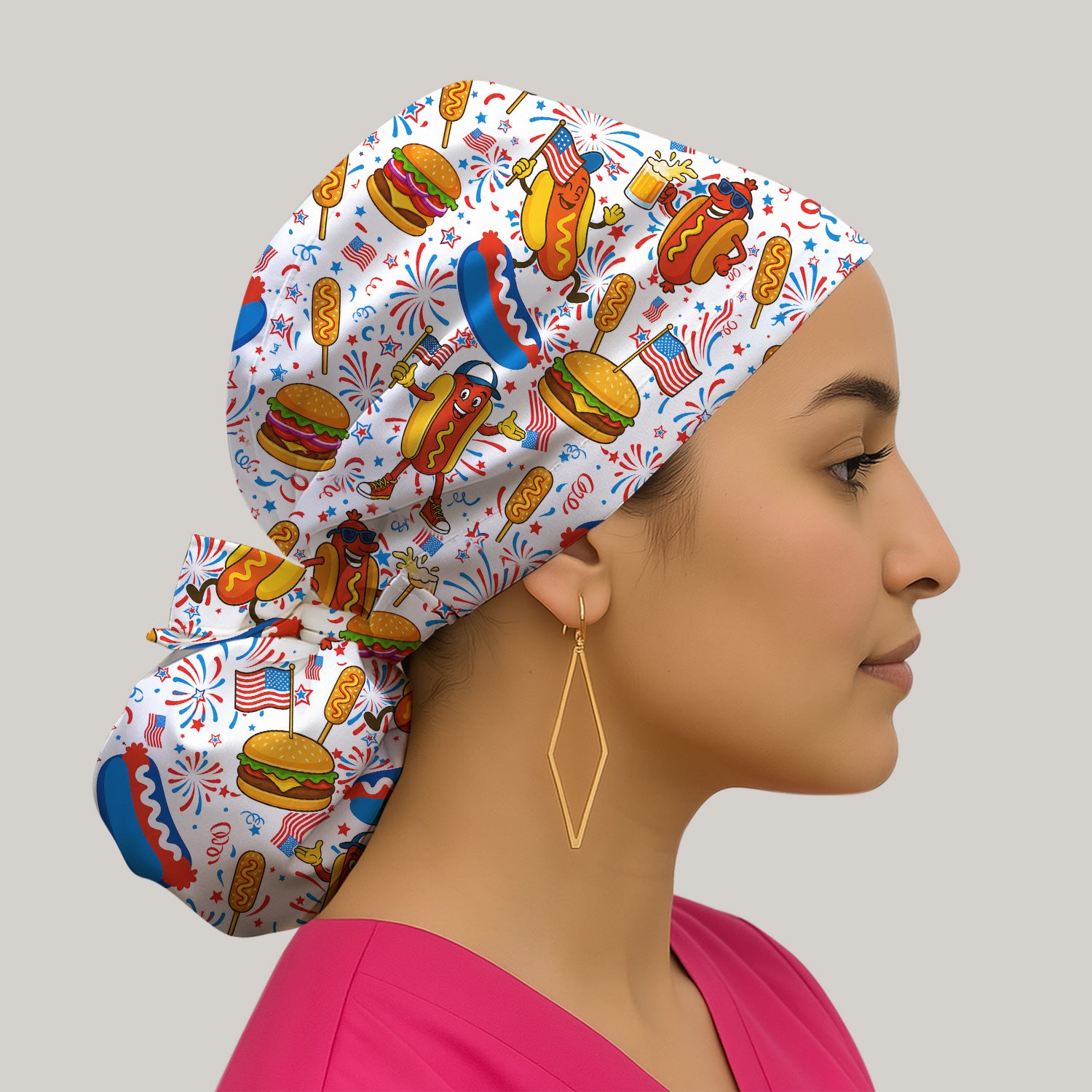 Patriotic Hot Dog Burger Fireworks Scrub Cap, Surgical Caps for Doctors