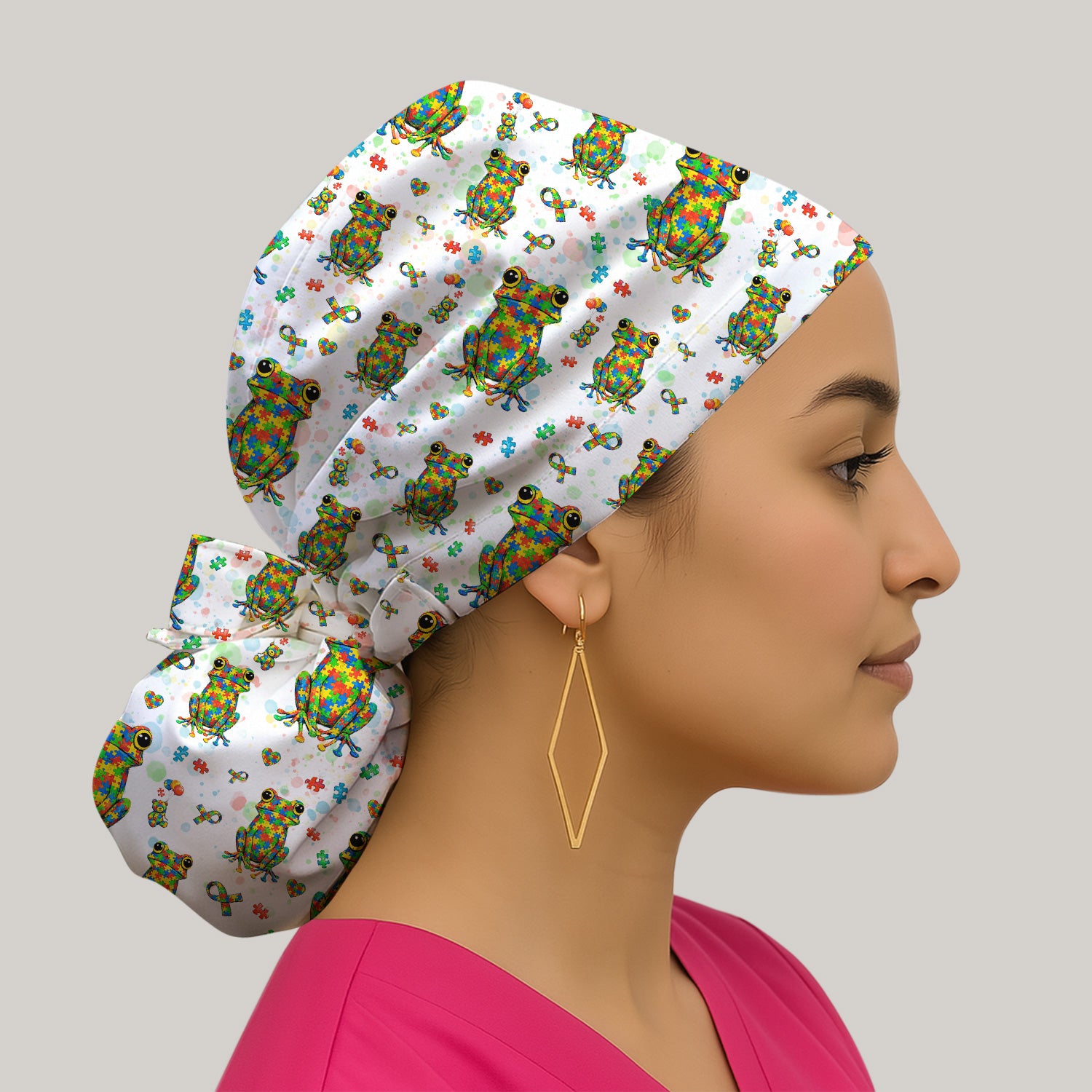 Colorful Autism Puzzle Frog Pattern Caps, Bouffant Scrub Caps for Women