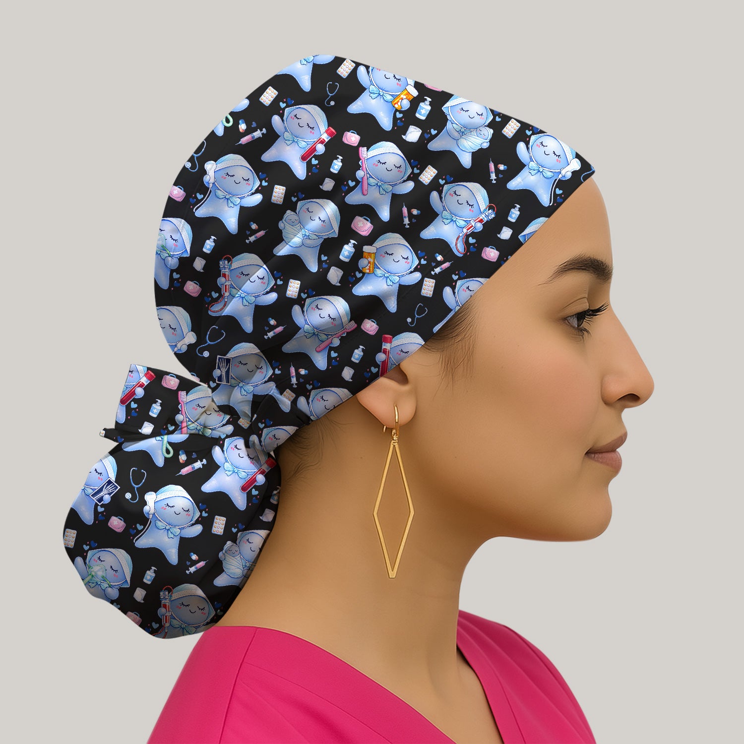 Cute Tooth Character Dental Tools Caring Pattern Scrub Cap, Surgical Caps for Doctors