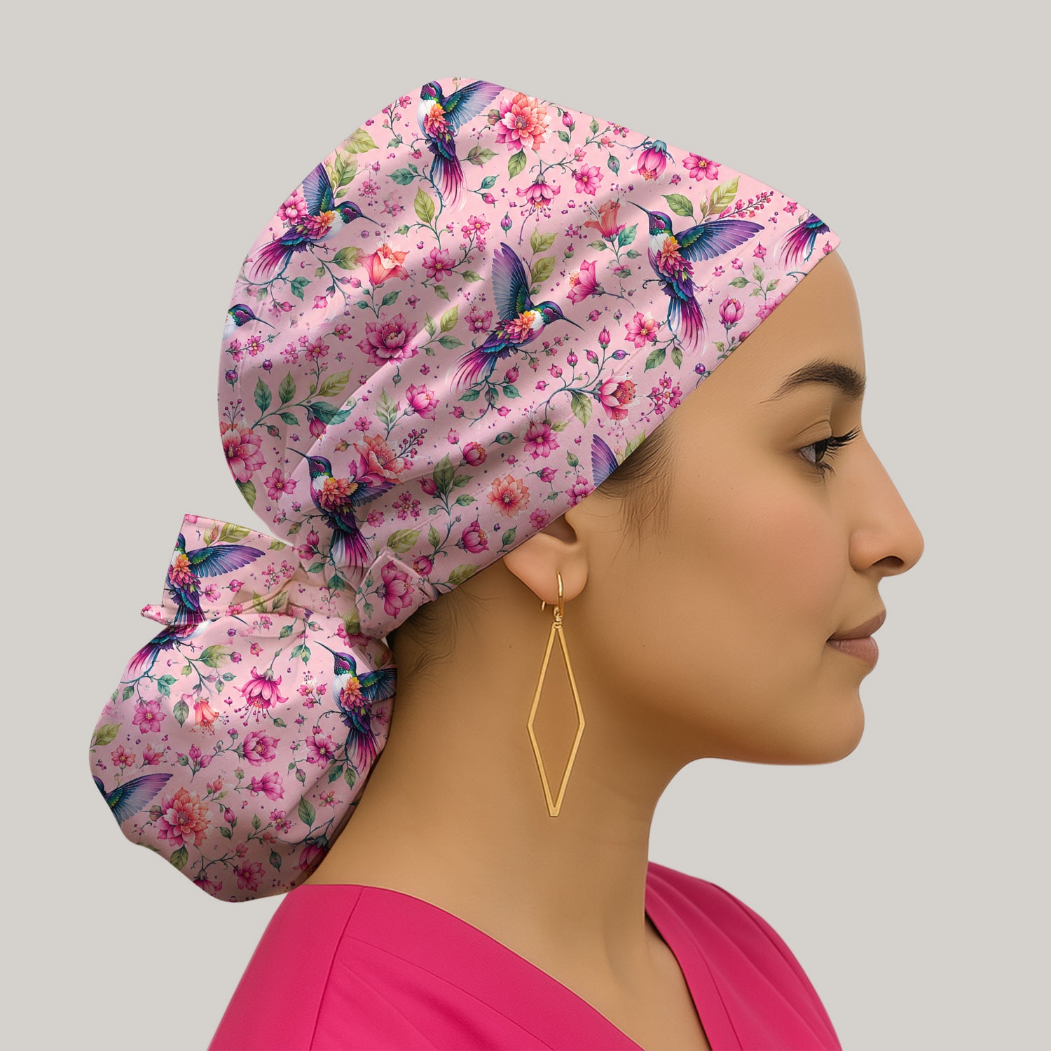 Pink Hummingbird Floral Garden Pattern Scrub Cap, Surgical Caps for Doctors
