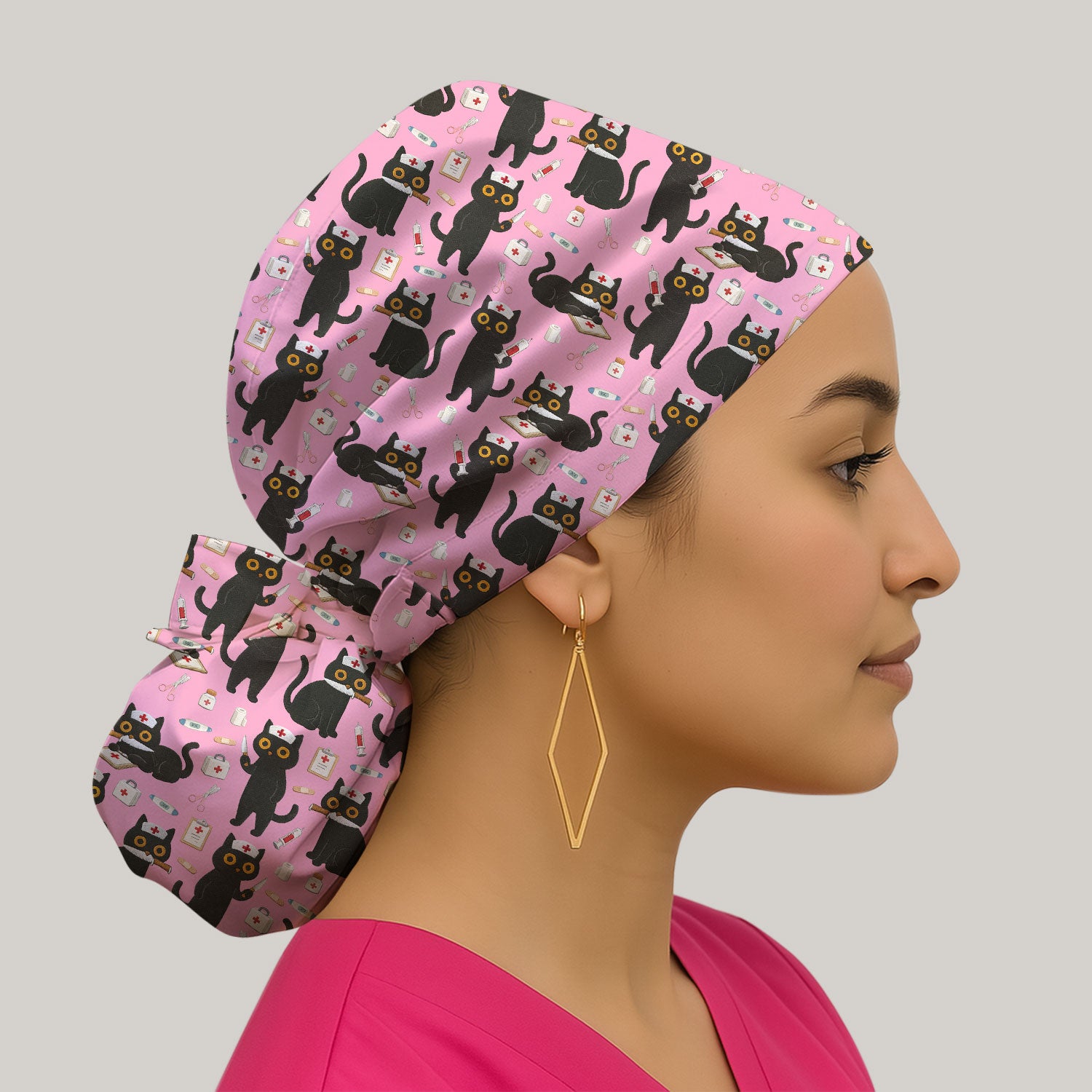 Cute Black Cat Nurse Pattern Cap, Bouffant Scrub Caps for Women