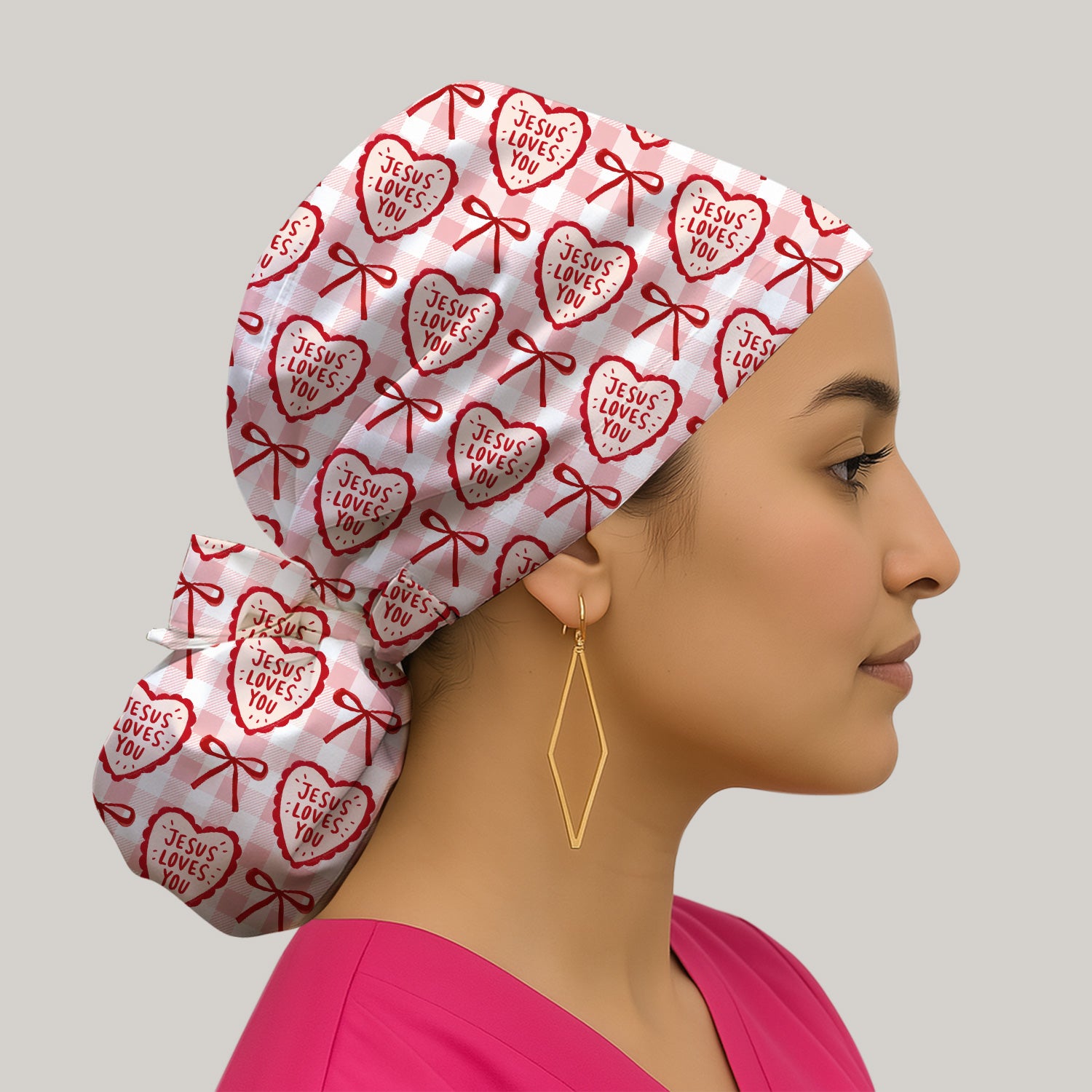 Jesus Loves You Heart Plaid Cap, Bouffant Scrub Caps for Women