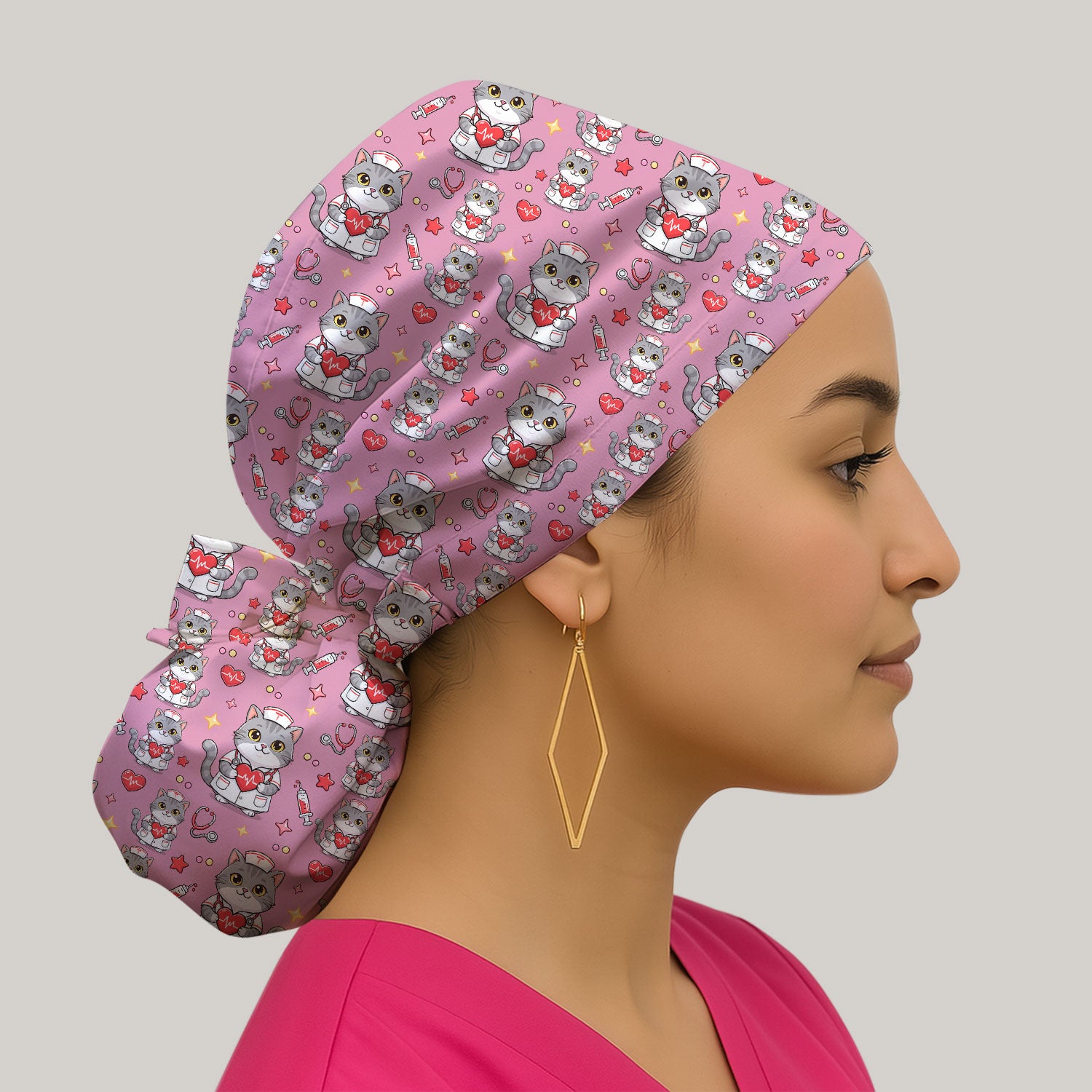Cute Nurse Cat Heart Medical Print Cap,  Bouffant Scrub Caps for Women
