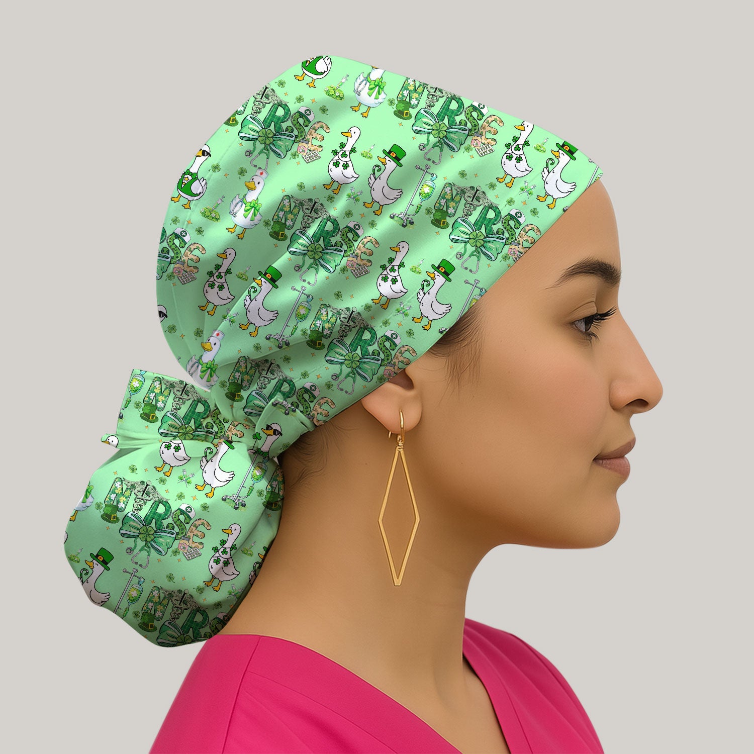Funny Goose Nurse Shamrock Scrub Cap, St. Patrick’s Day Nurse Pattern Hat, Breathable Fabrics Nursing Uniform