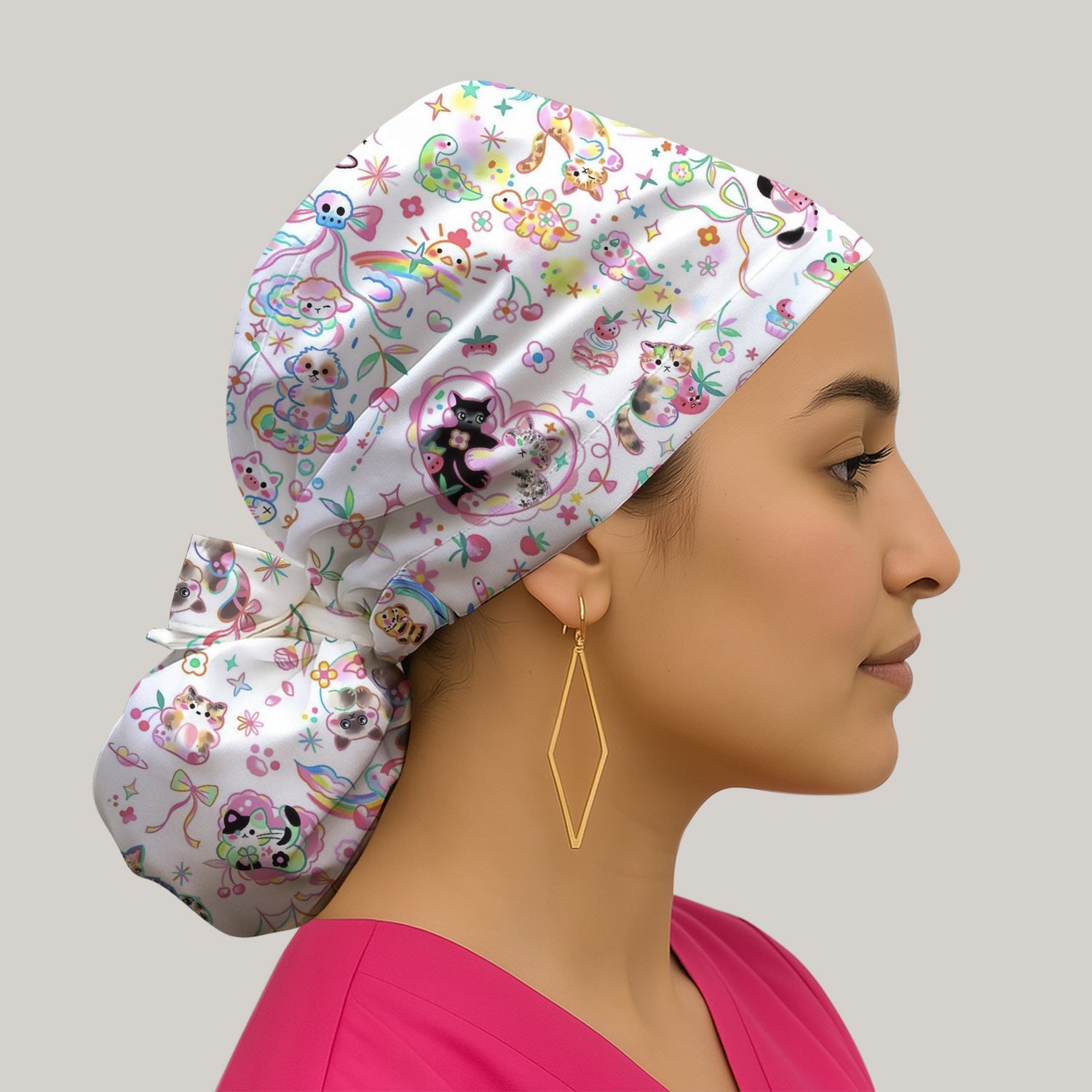 Cute Kawaii Animal Rainbow Heart Pattern Nurse Scrub Cap, Surgical Caps for Doctors