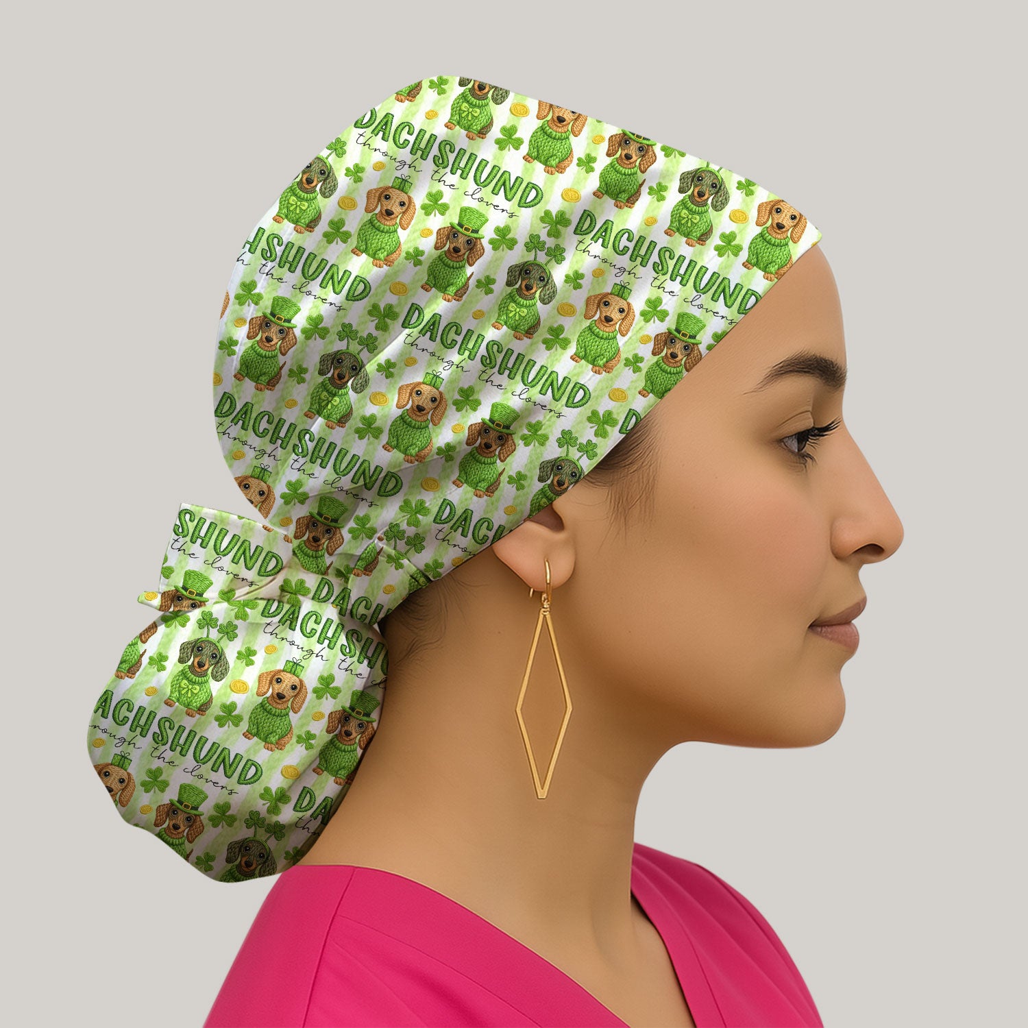 Wiener Dog St. Patrick’s Day Scrub Cap, Shamrock Dachshund Pattern Nurse Hat, Breathable Fabrics Nursing Uniform