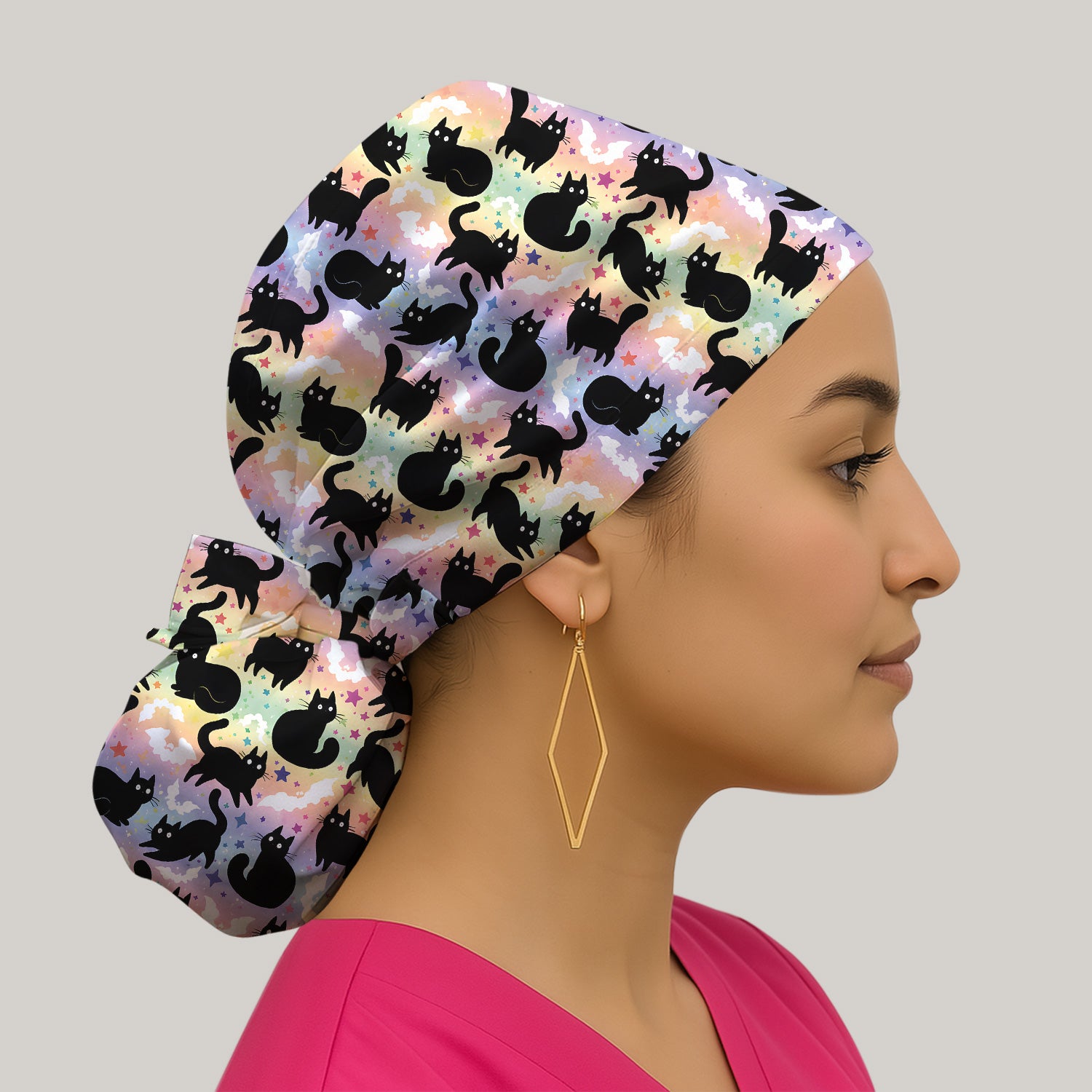 Pastel Star Black Cat Pattern Scrub Cap, Surgical Caps for Doctors