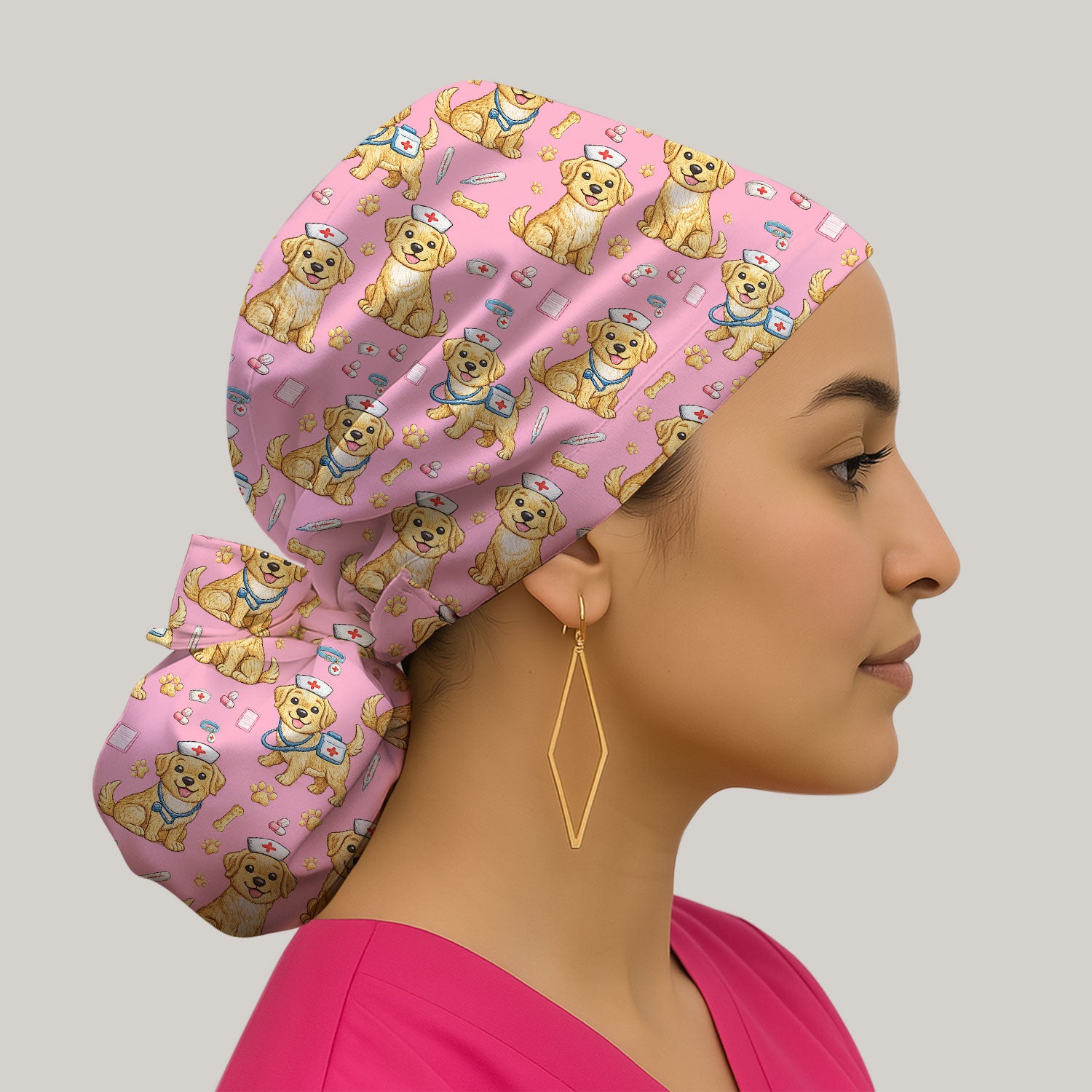 Cute Puppy Nurse Medical Print Cap, Bouffant Scrub Caps for Women