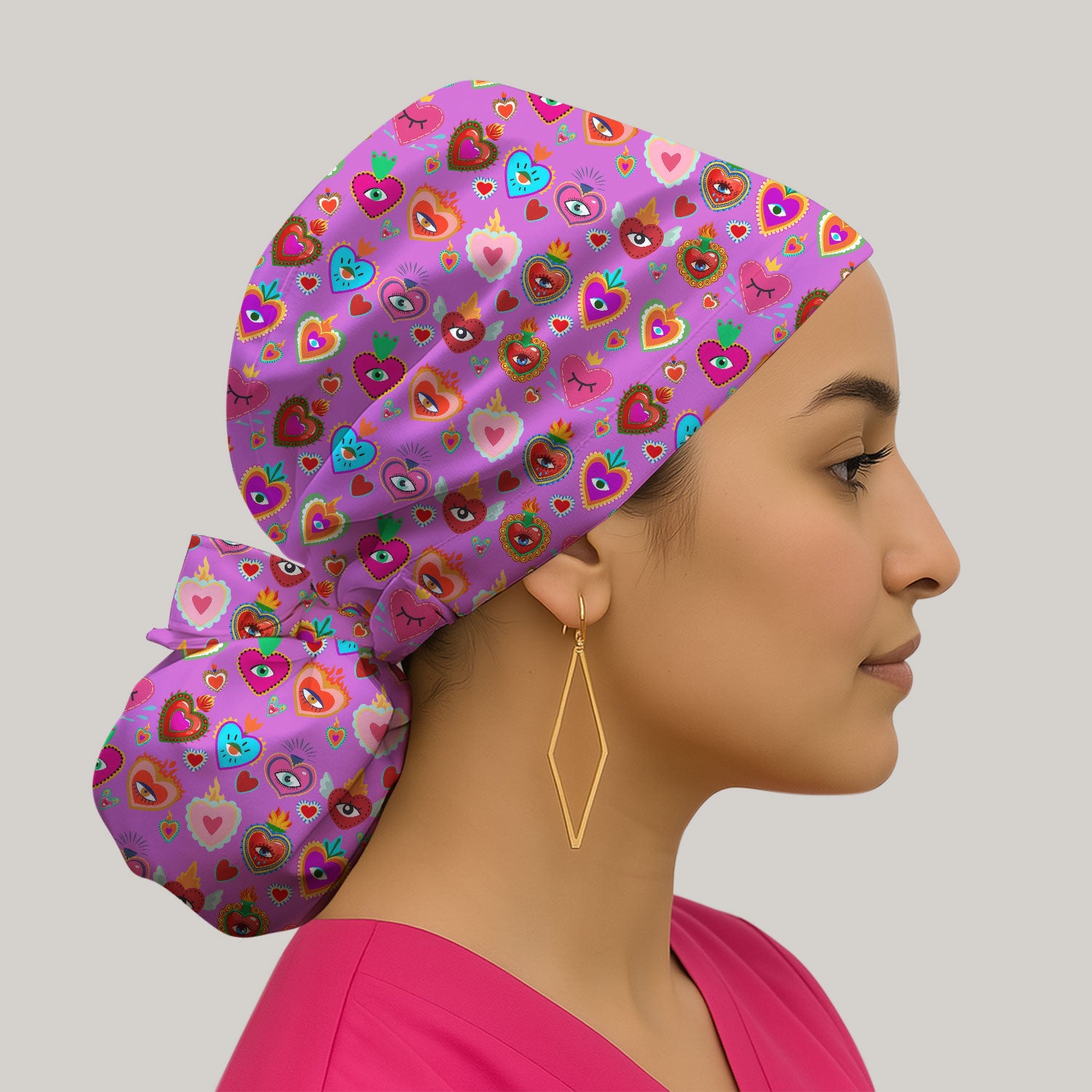 Valentine Colorful Sacred Heart Print Cap, Bouffant Scrub Caps for Women