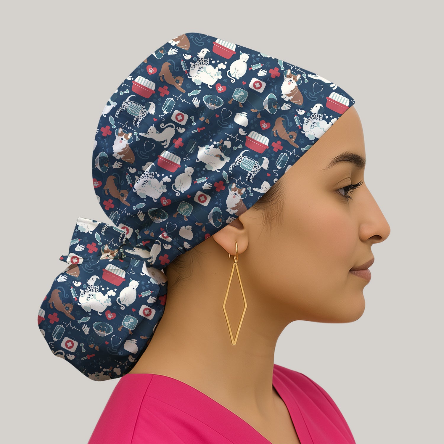 Dogs With Veterinary Tools And Paw Print Scrub Cap, Surgical Caps for Doctors