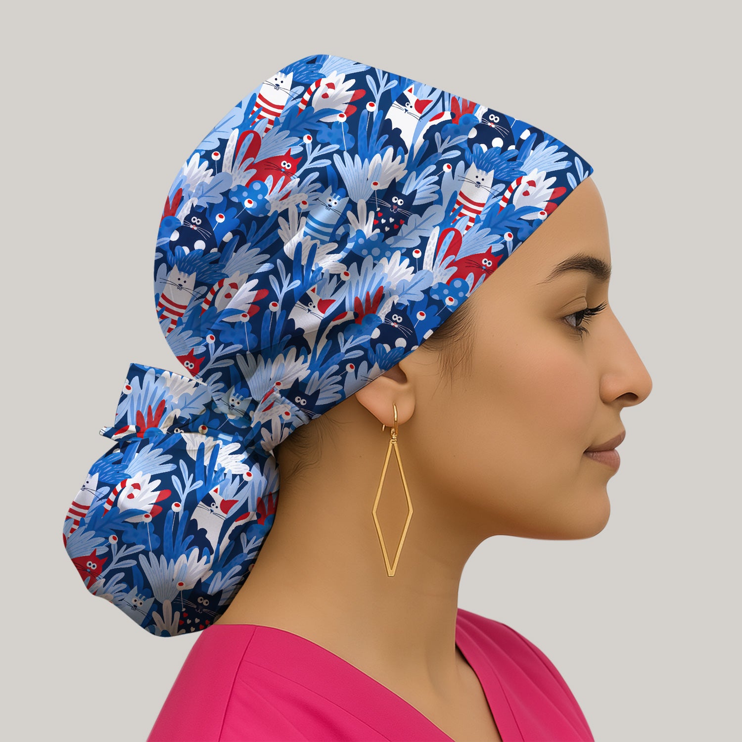 Cute Cats Among Blue Foliage Pattern Scrub Cap, Surgical Caps for Doctors