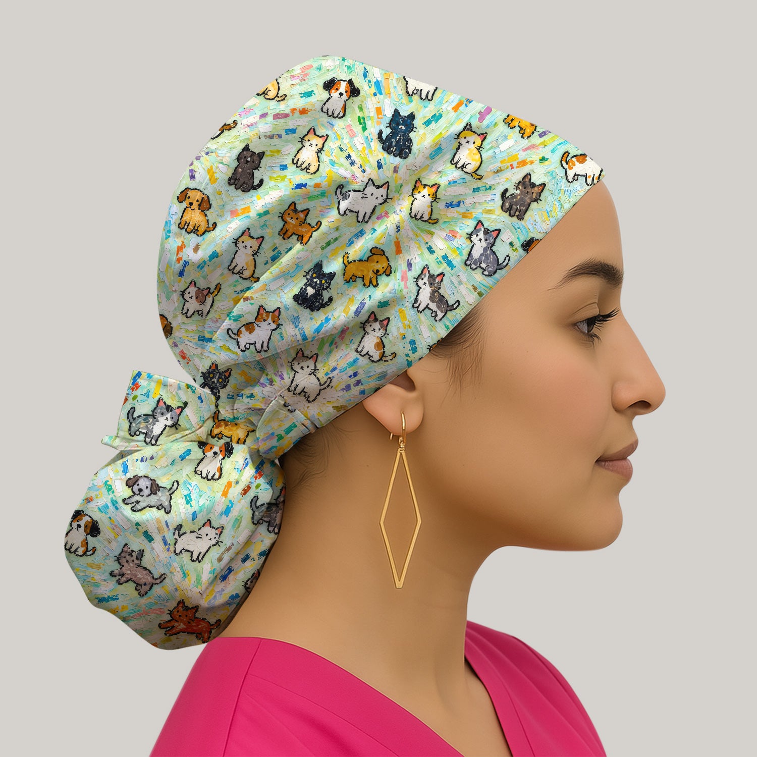 Colorful Cats Dogs Doodle Pattern Nurse Scrub Cap, Surgical Caps for Doctors