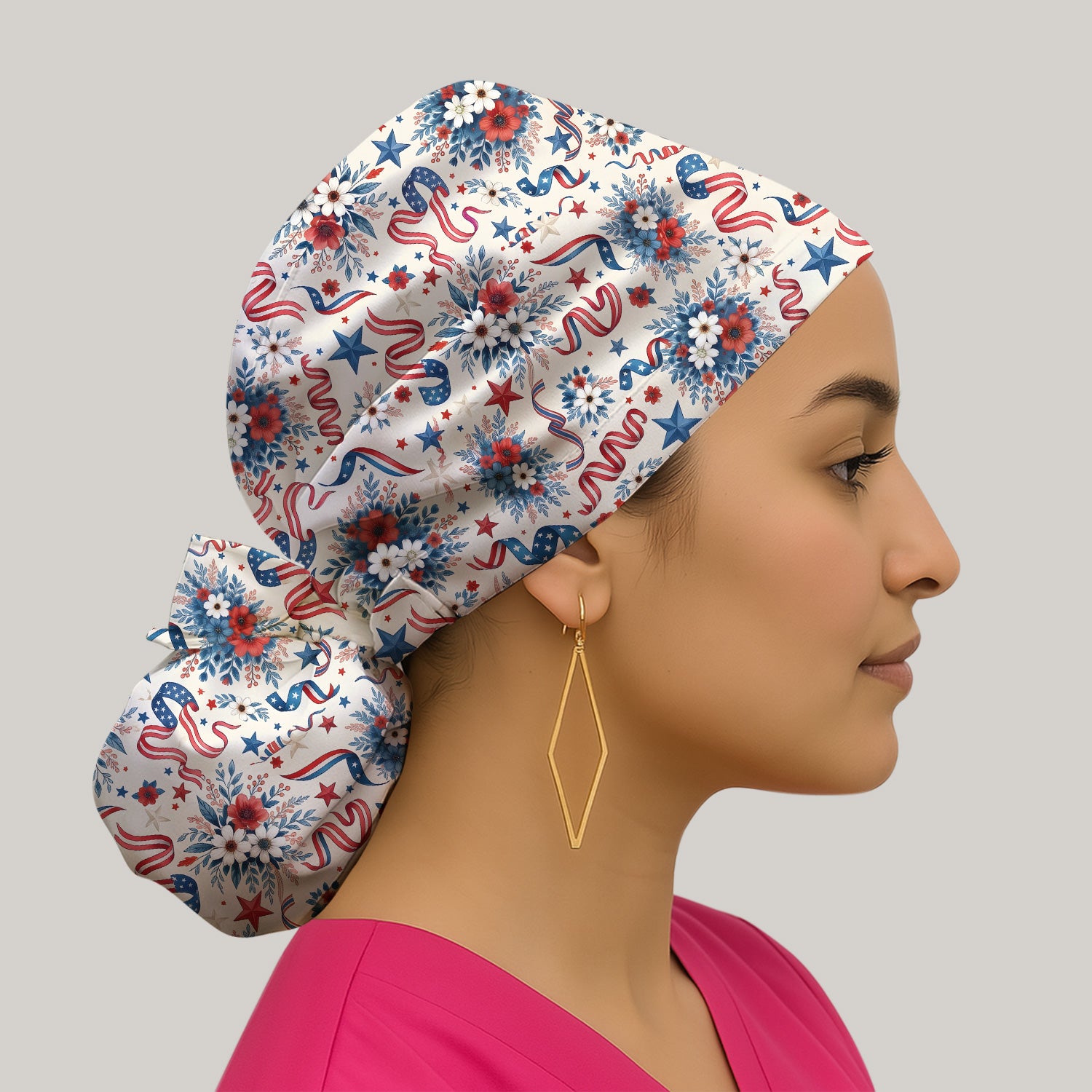 Patriotic Floral Ribbon Nurse for RN & CNA, Americana Healthcare Workers Uniform Scrub Cap, Surgical Caps for Doctors
