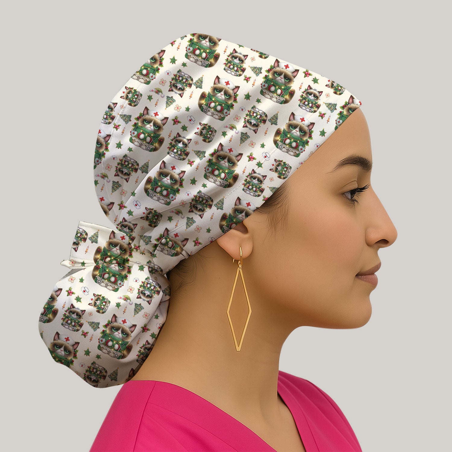 Christmas Cat Bouffant Scrub Caps for Women - Funny Xmas Gift - Breathable Fabrics Caps Uniform