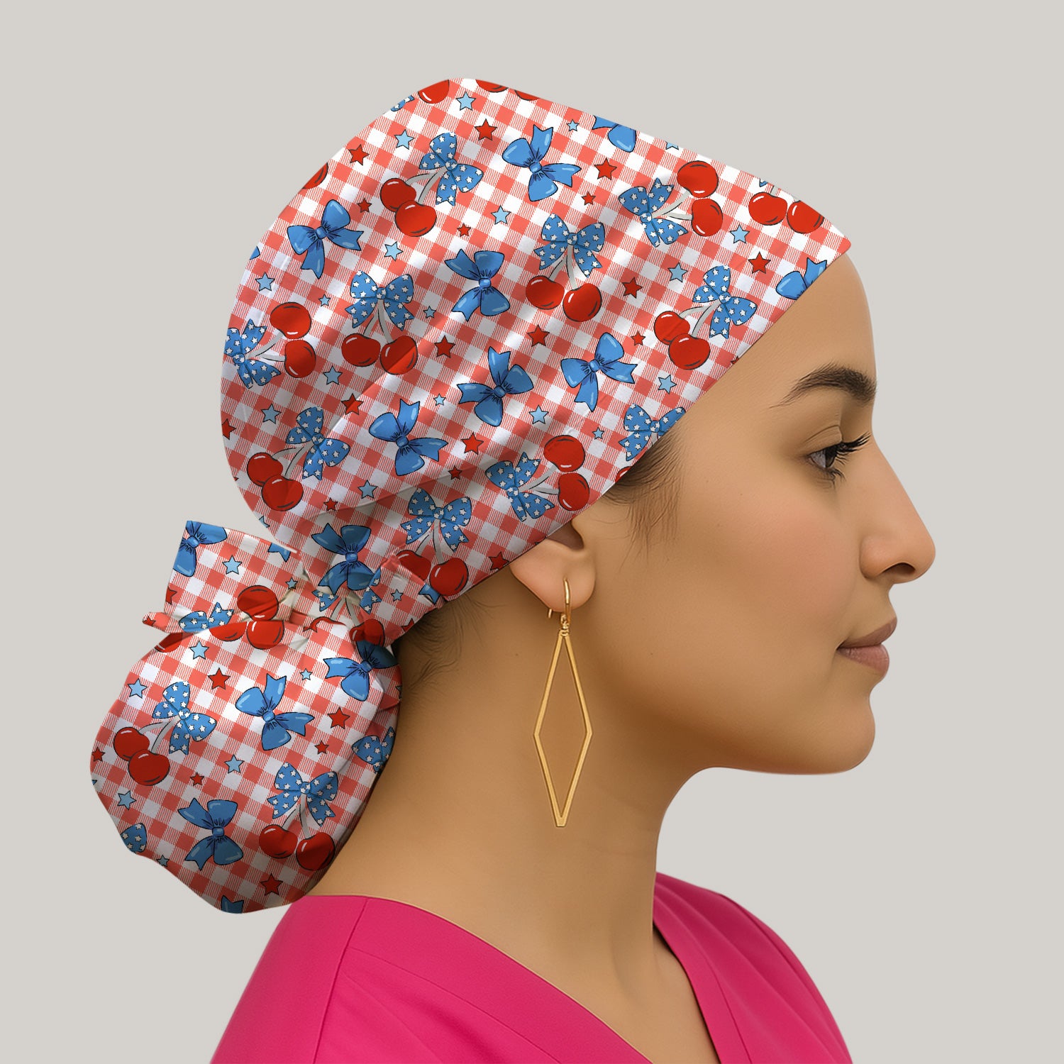 Cute Patriotic Cherry Bow Checkered Pattern Scrub Cap, Surgical Caps for Doctors