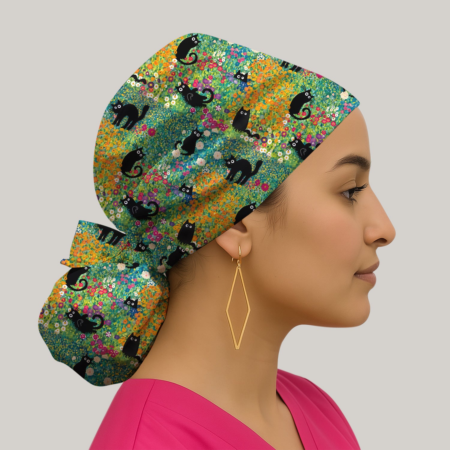 Black Cat Flower Garden Pattern Scrub Cap, Surgical Caps for Doctors