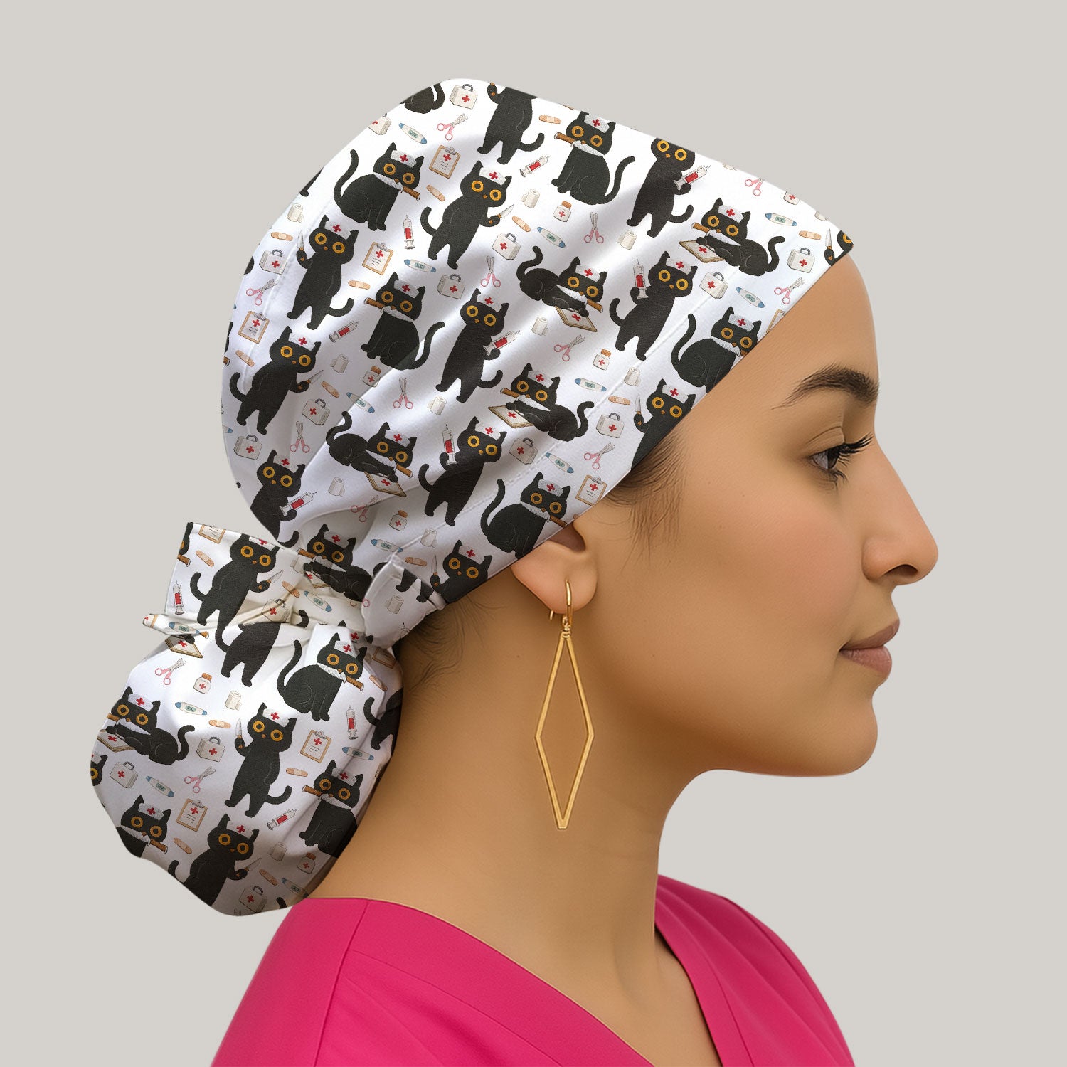 Cute Black Cat Nurse Pattern Cap, Bouffant Scrub Caps for Women