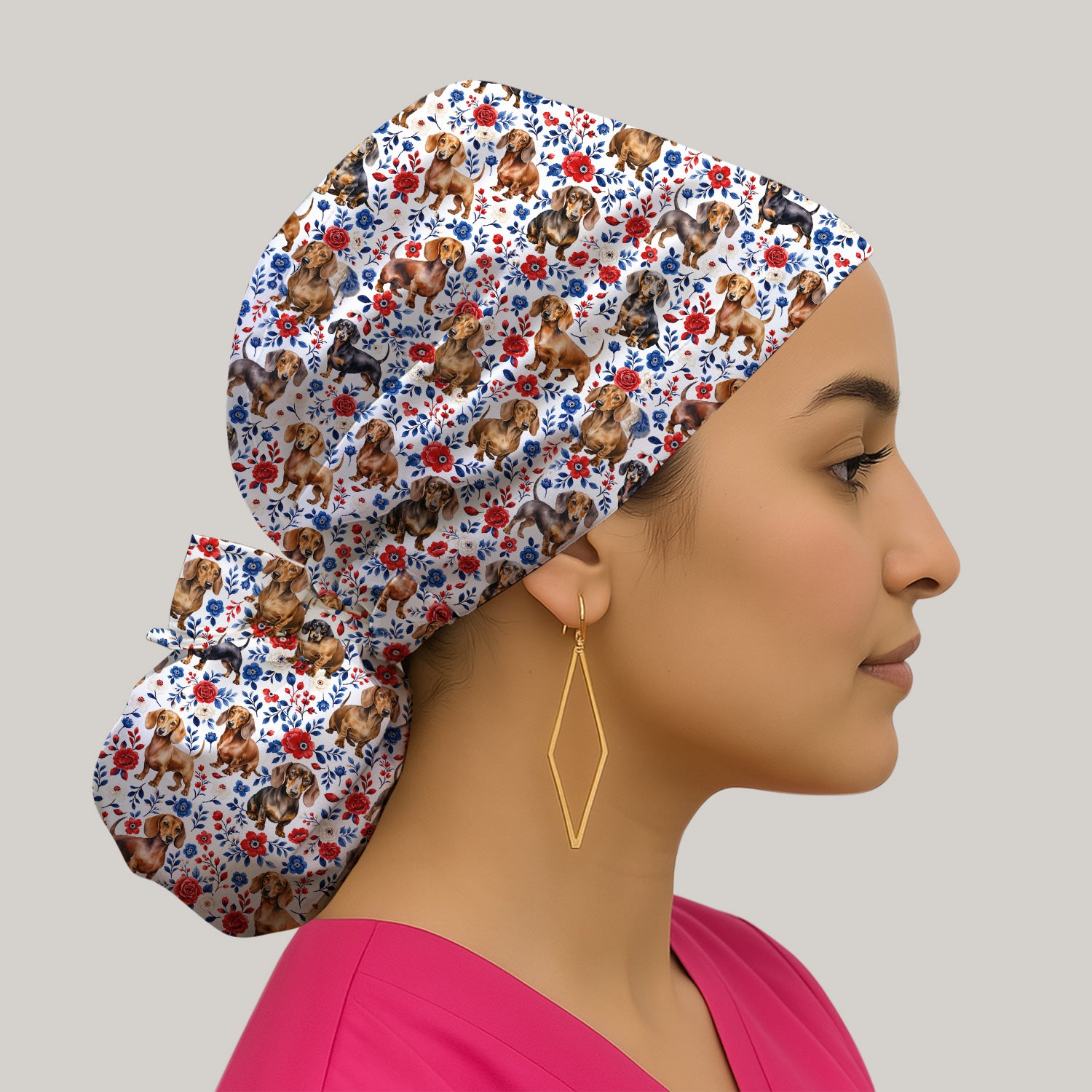 Floral Dachshund Nurse Pattern Scrub Cap, Surgical Caps for Doctors