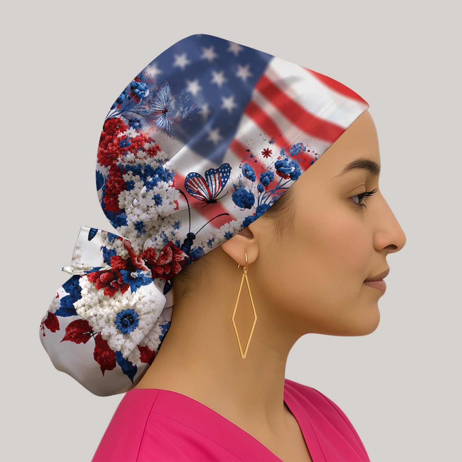 Patriotic Butterfly with Floral Print Scrub Cap, Surgical Caps for Doctors