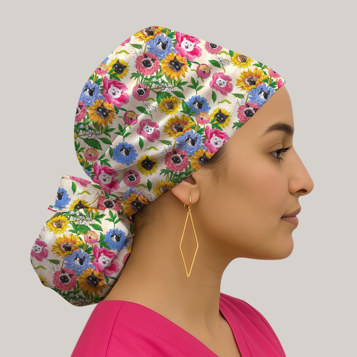 Cat Face Hidden In Colorful Flower Garden Scrub Cap, Surgical Caps for Doctors