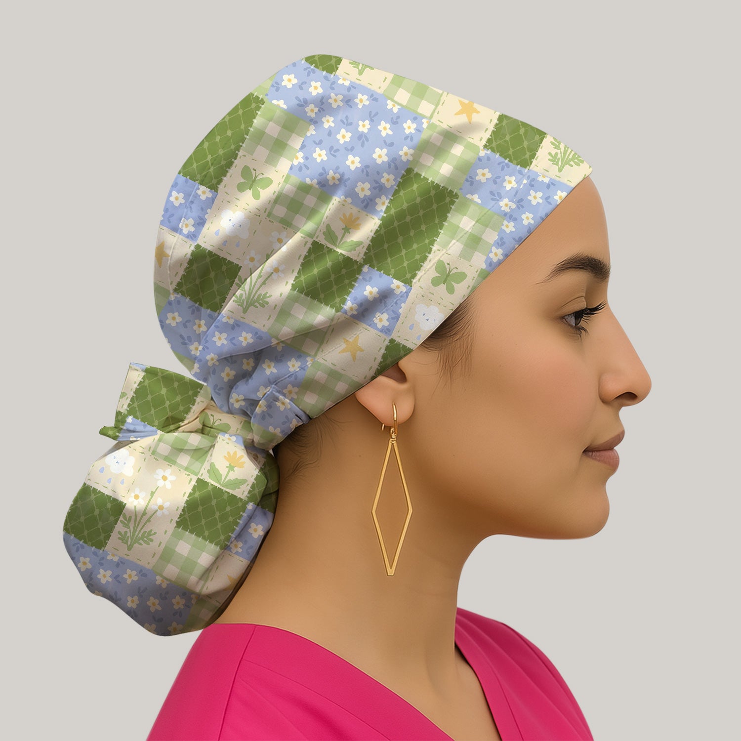 Green Patchwork Clover Floral Pattern Scrub Cap, Breathable Fabrics Caps Uniform