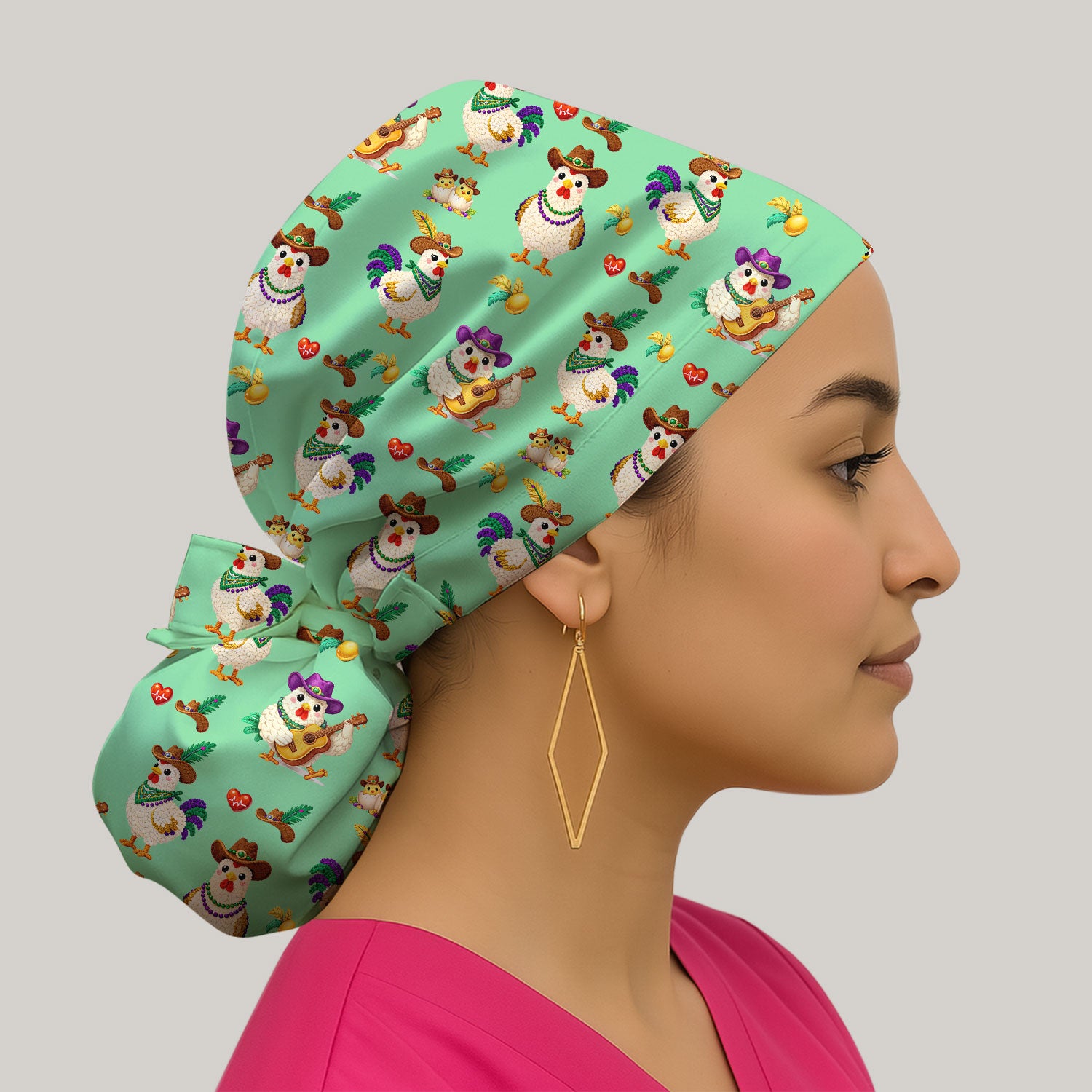 Funny Mardi Gras Rooster Cowboy Print Cap, Bouffant Scrub Caps for Women