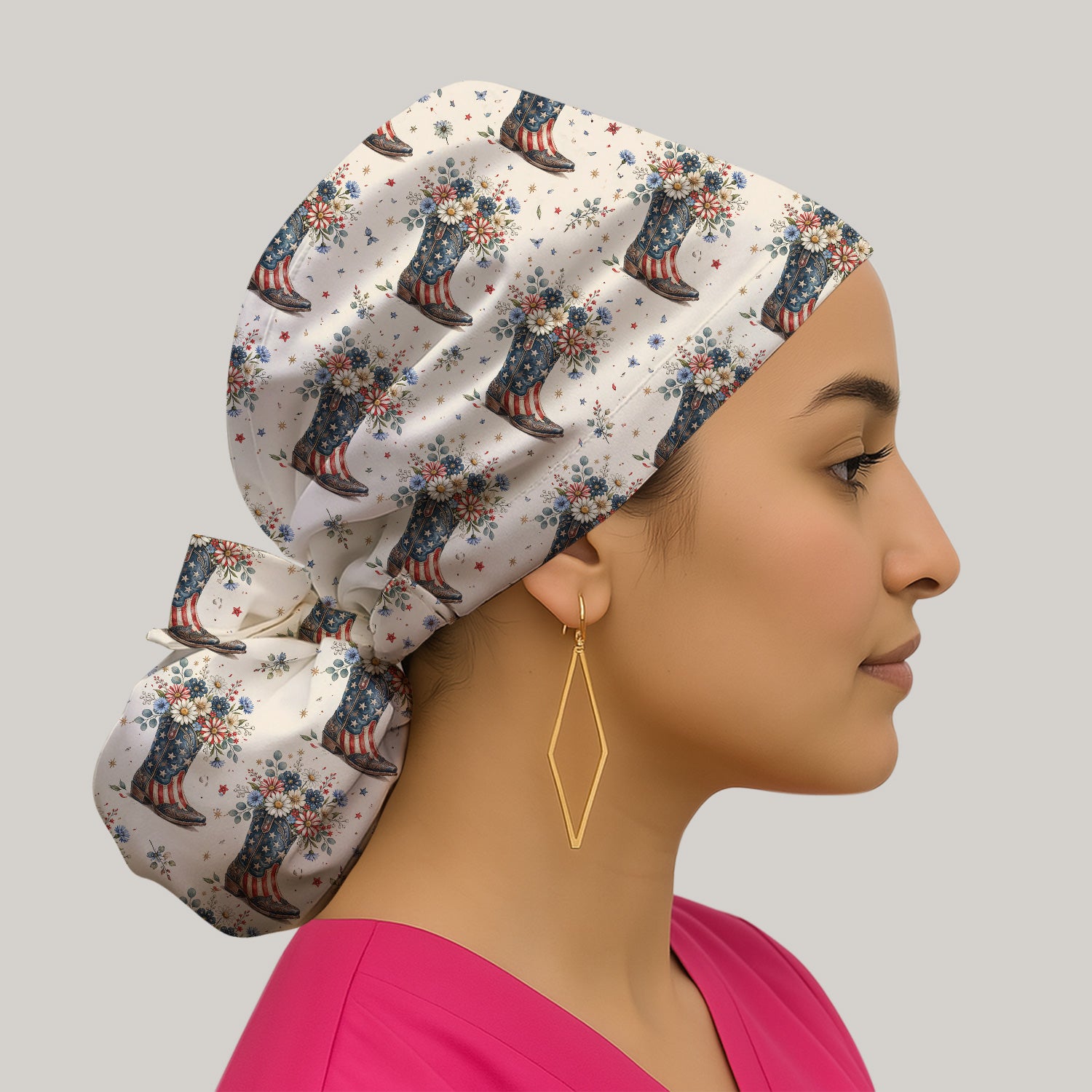 Festive Patriotic Cowboy Boots Flower Pattern Nurse Scrub Cap, Surgical Caps for Doctors